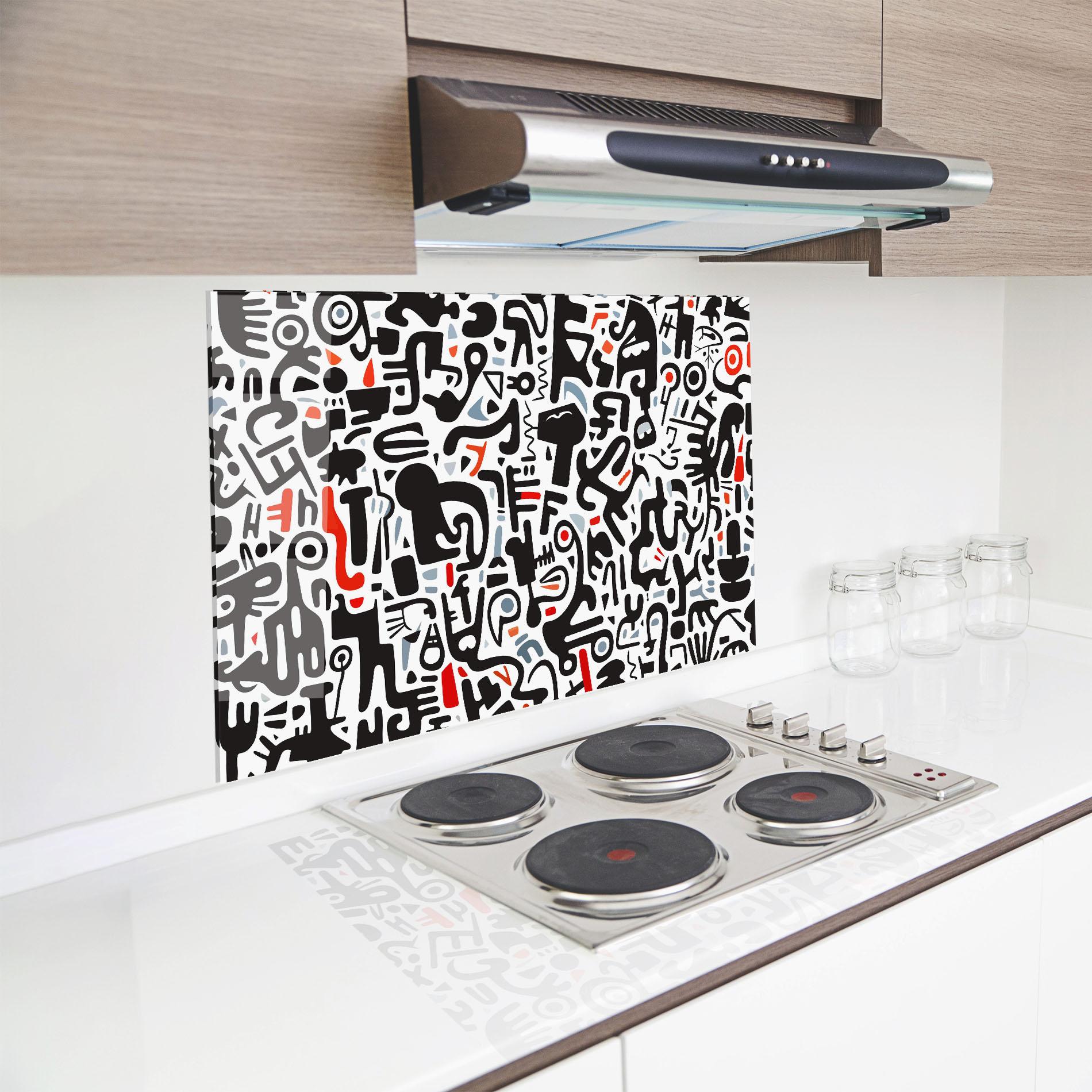 Küchenrückwand Glas Black Red Doodle mockup 8