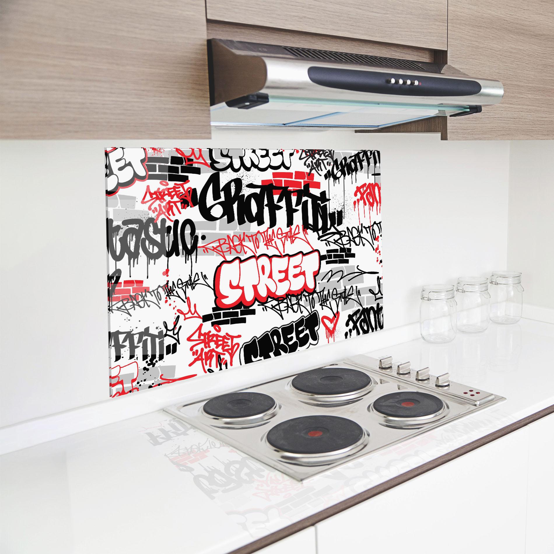 Küchenrückwand Glas Black Red Tags mockup 8