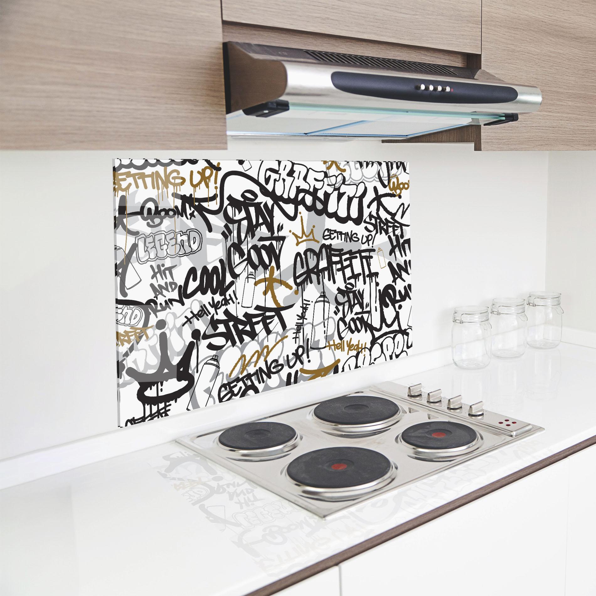 Küchenrückwand Glas Black Yellow Graffiti mockup 8
