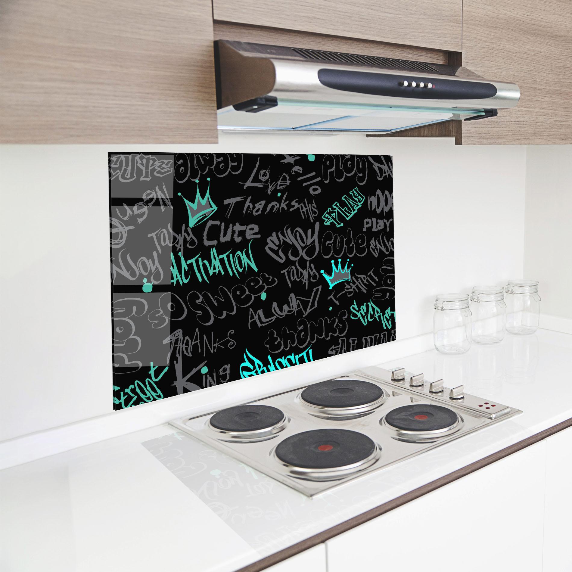 Küchenrückwand Glas Blue Grey Graffiti mockup 8