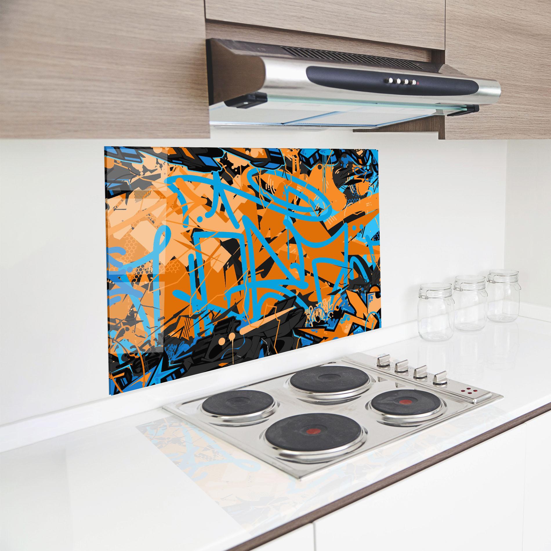 Küchenrückwand Glas Blue Orange Graffiti mockup 8