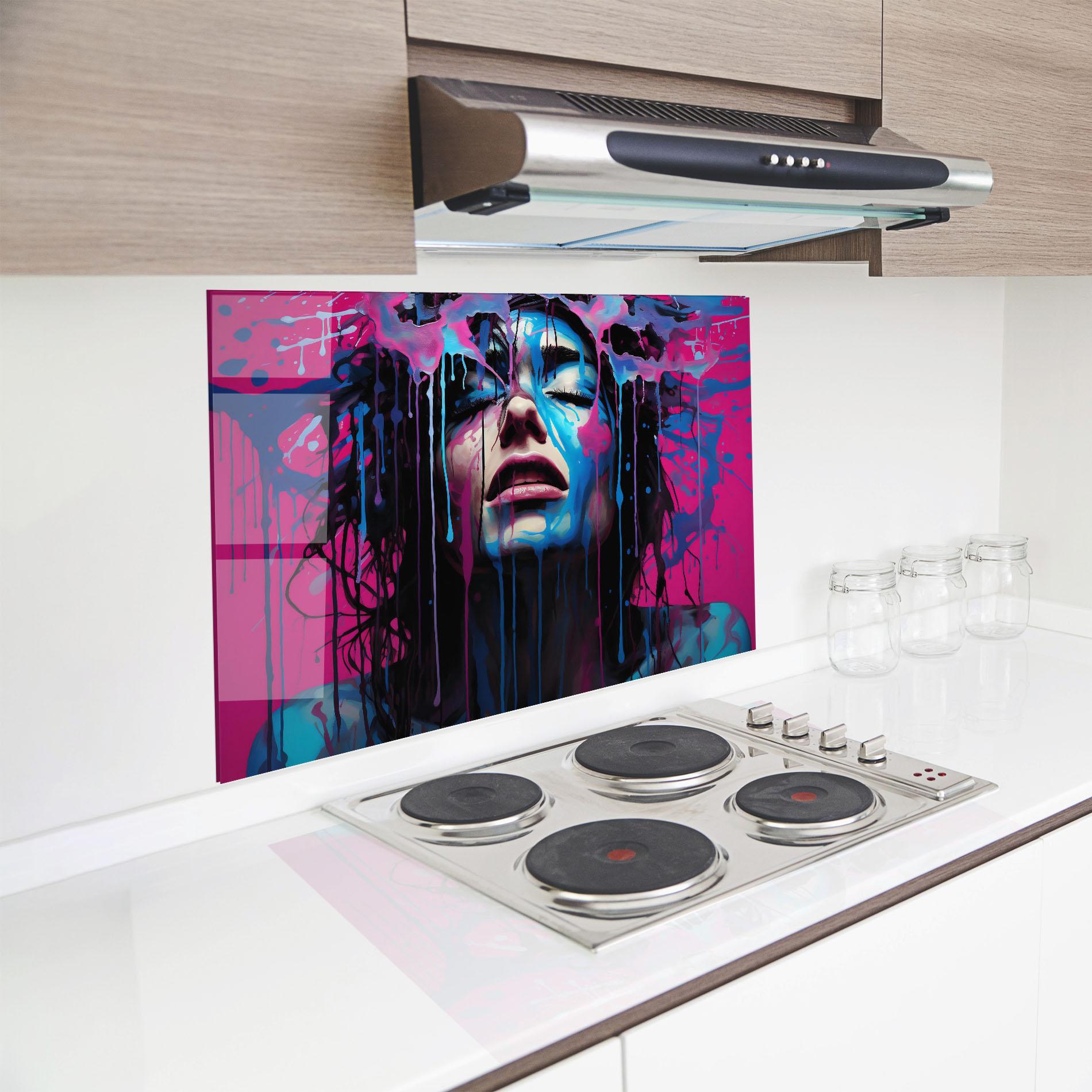 Küchenrückwand Glas Blue Pink Woman mockup 8