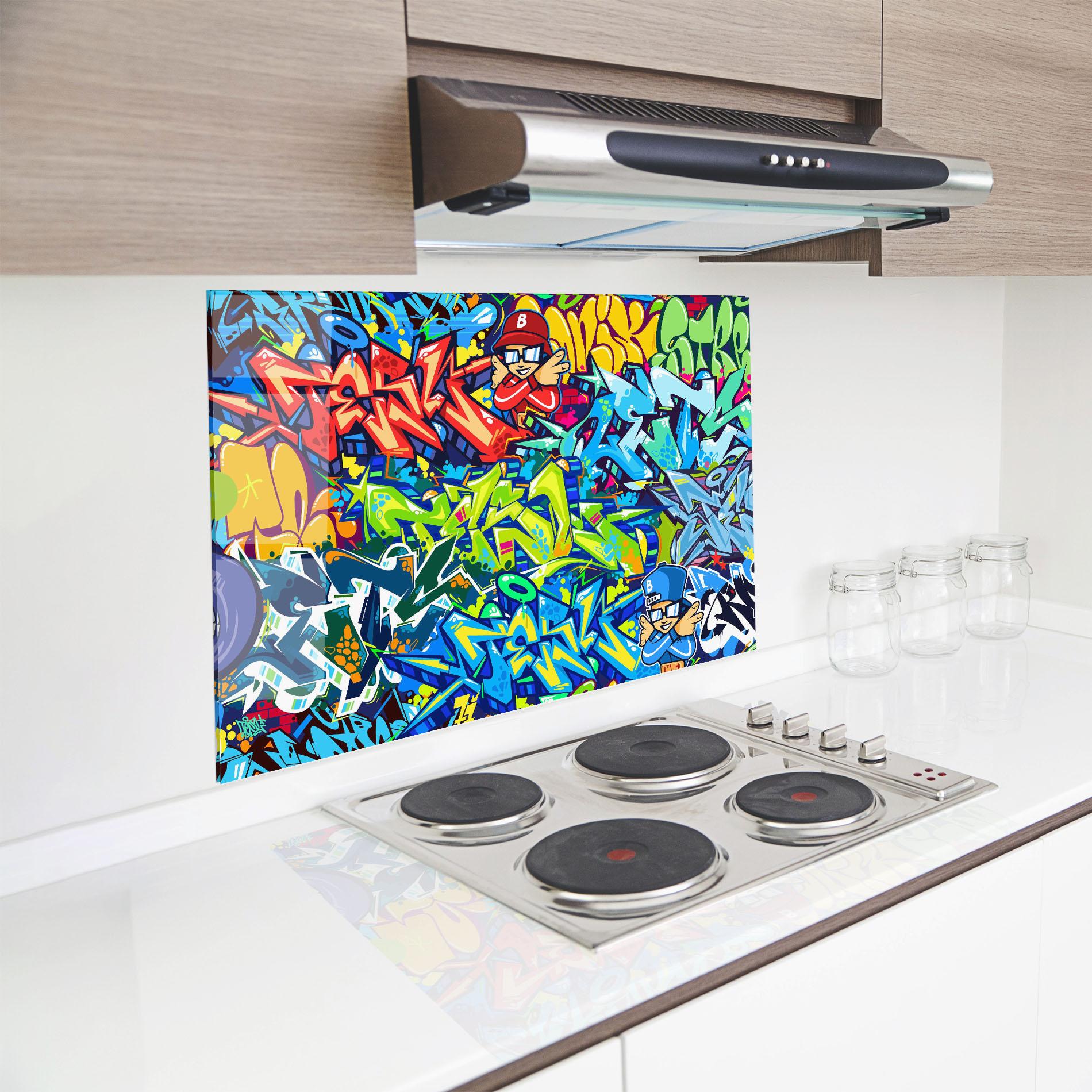 Küchenrückwand Glas Colorful Graffiti mockup 8
