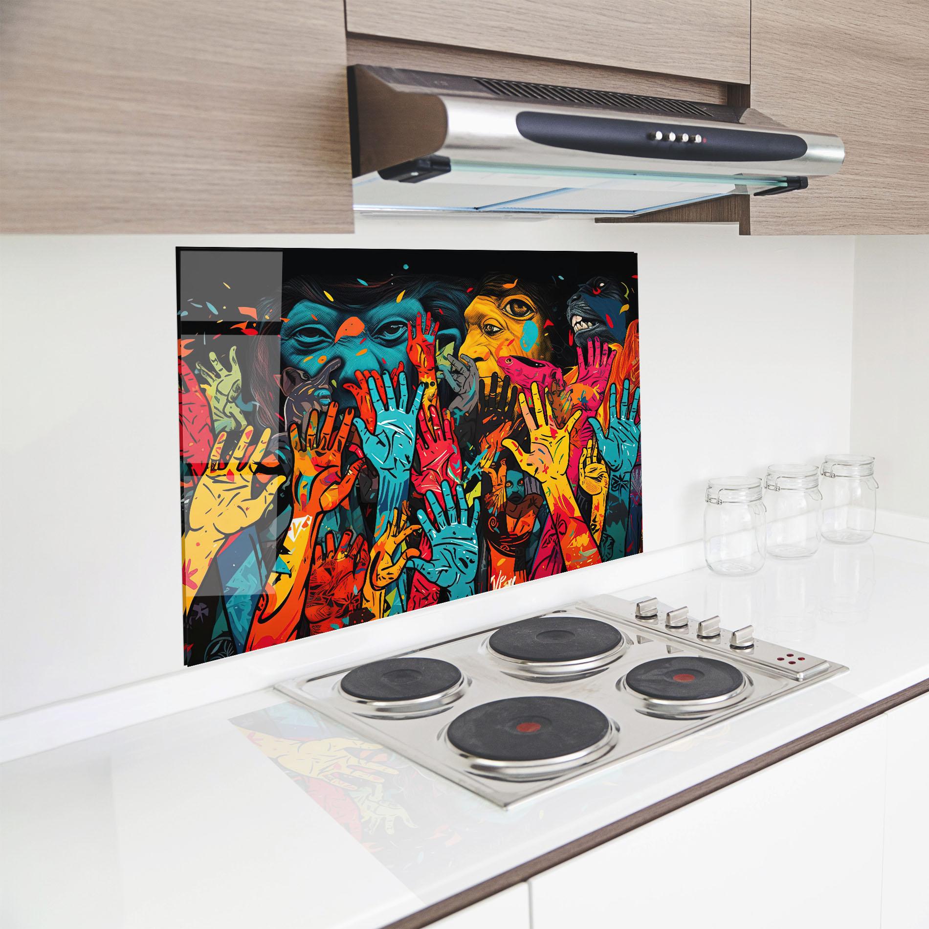 Küchenrückwand Glas Colorful Hands mockup 8