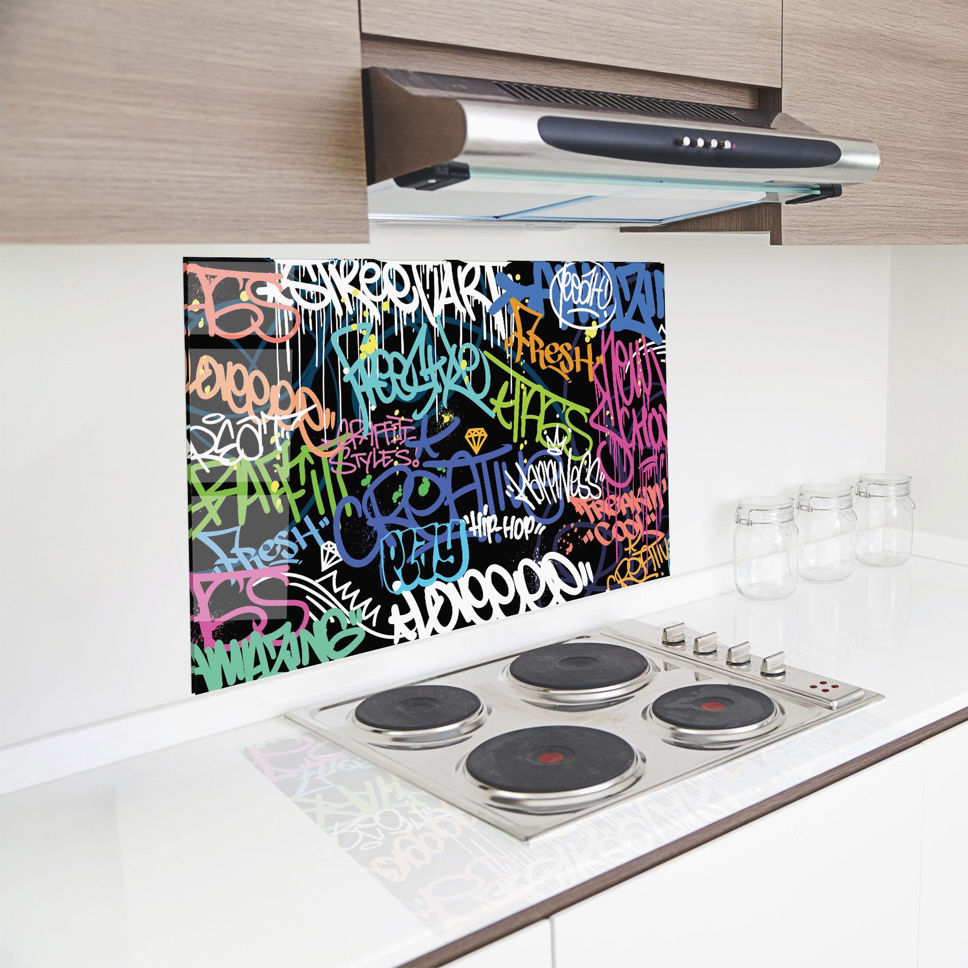 Küchenrückwand Glas Colorful Tags mockup 8