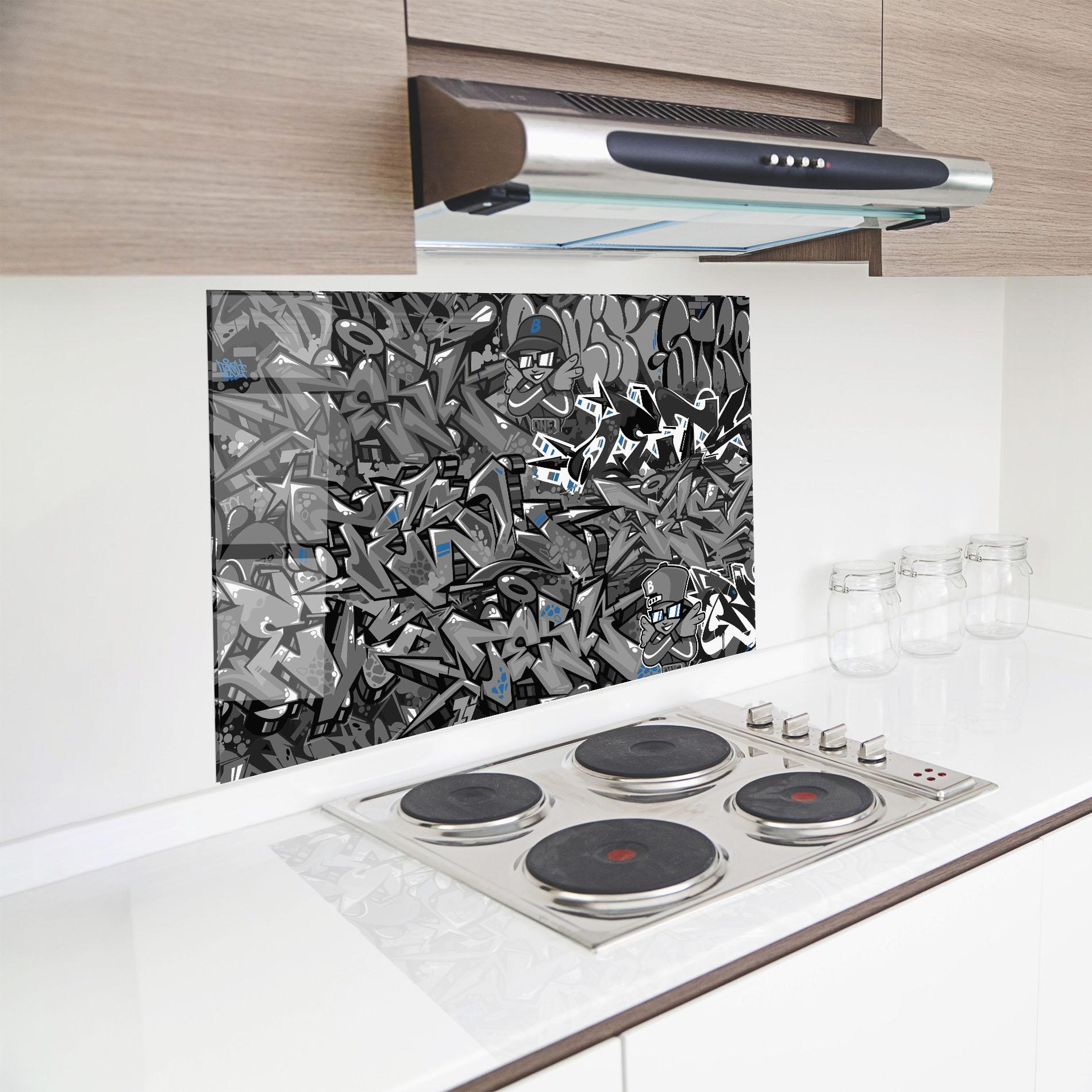 Küchenrückwand Glas Grey Blue Graffiti mockup 8