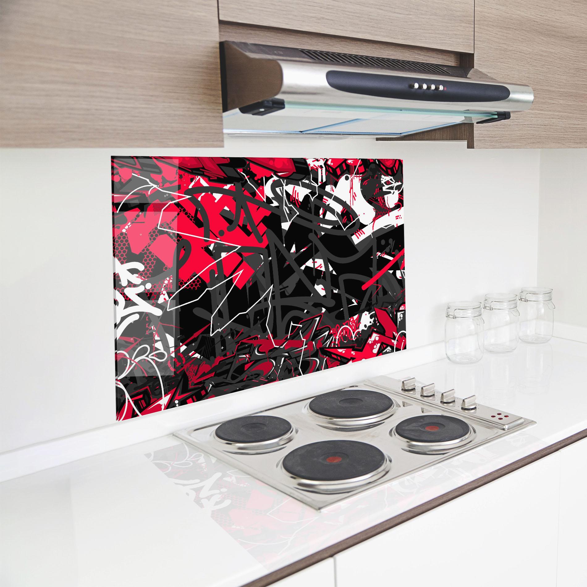Küchenrückwand Glas Grey Red Graffiti mockup 8