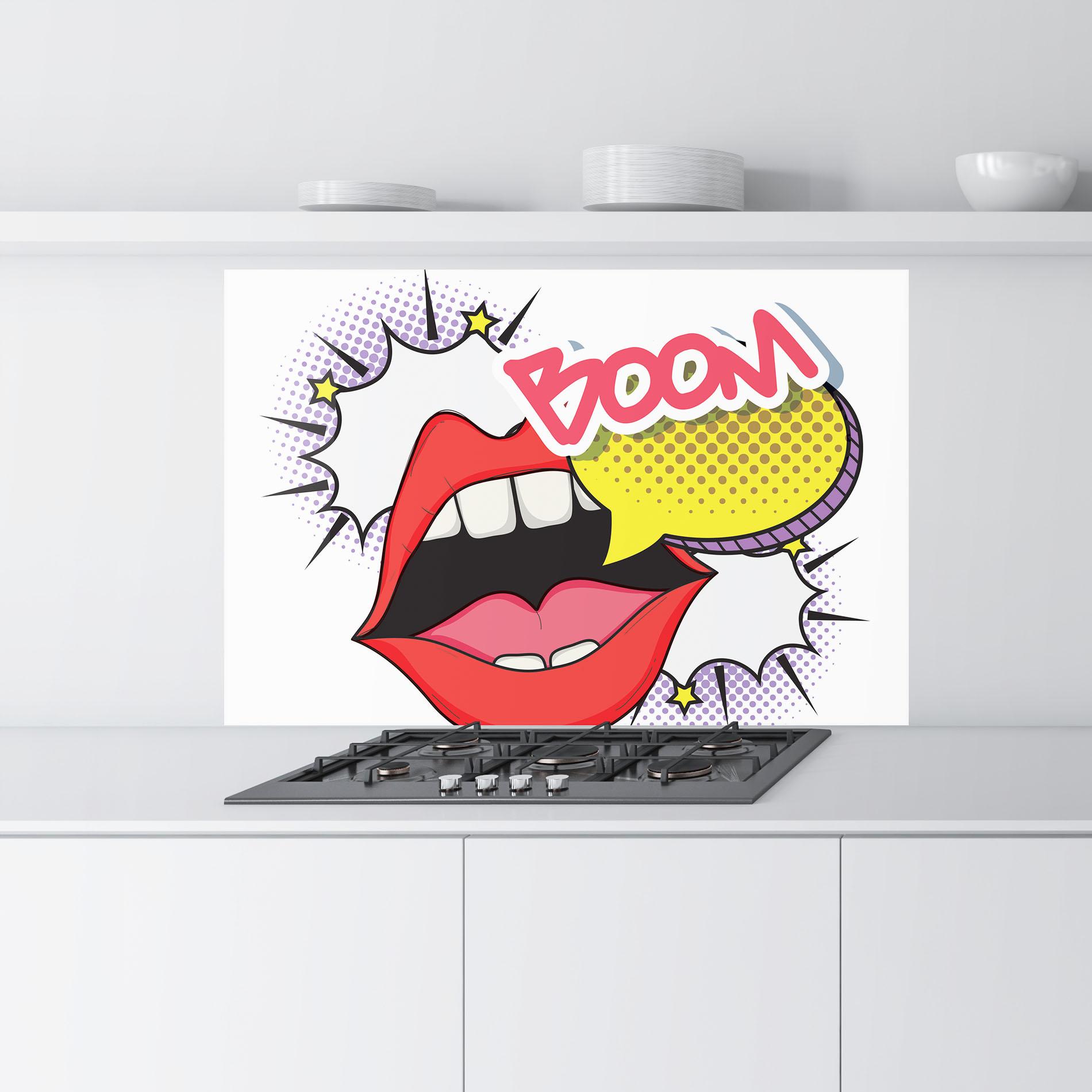 Küchenrückwand Glas Boom Pop Art mockup 9
