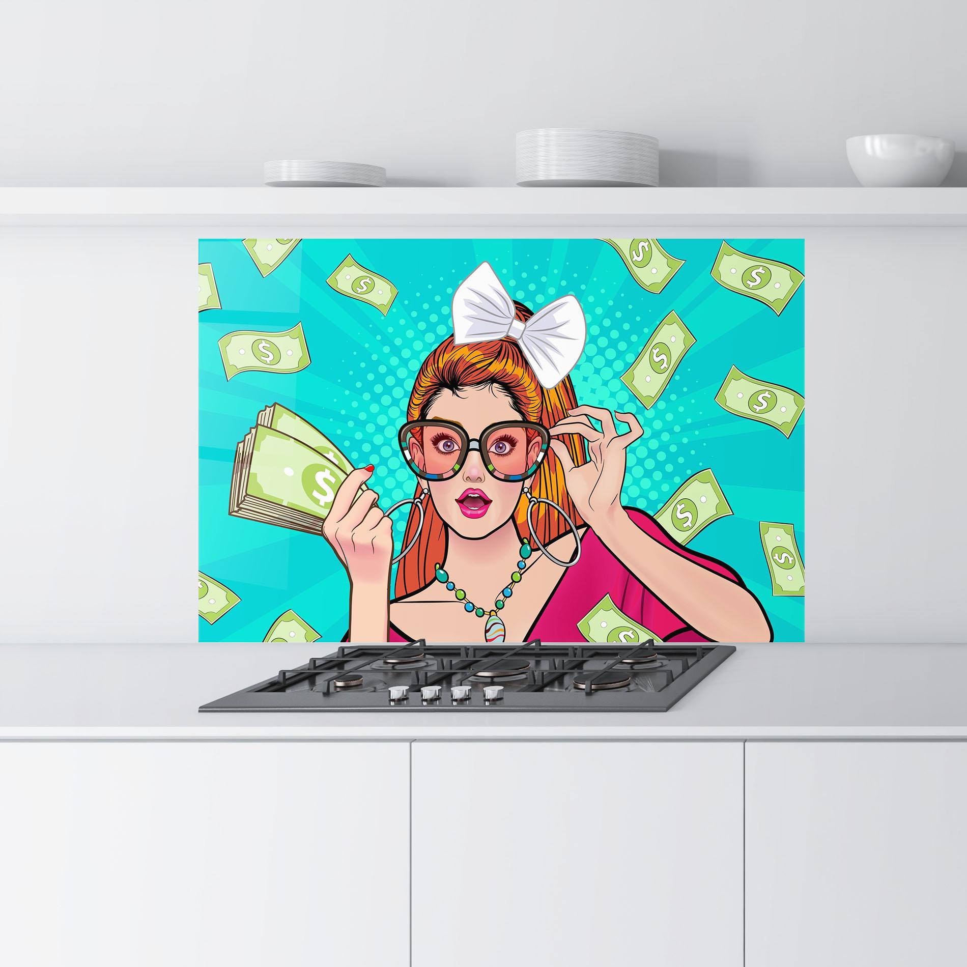 Küchenrückwand Glas Money Pop Art mockup 9