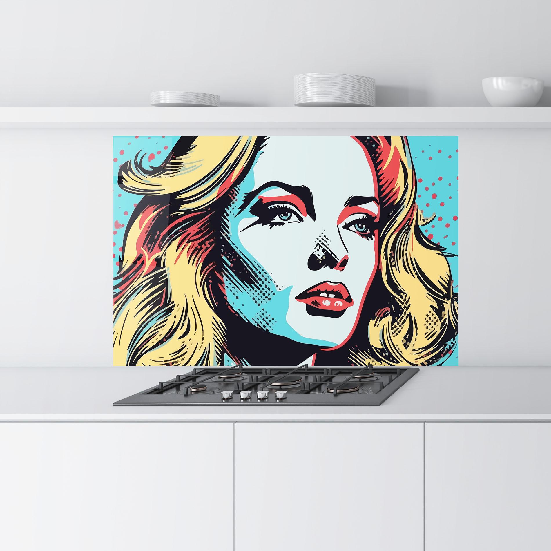 Küchenrückwand Glas Pop Art Lady mockup 9