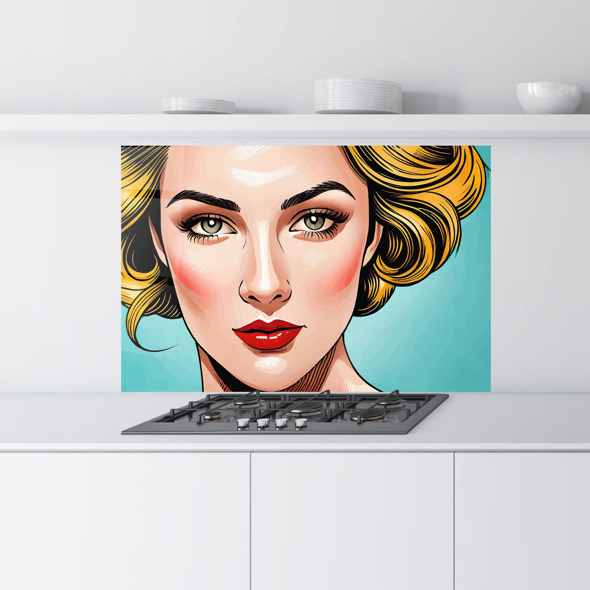 Küchenrückwand Glas Pop Blonde Lady mockup 9