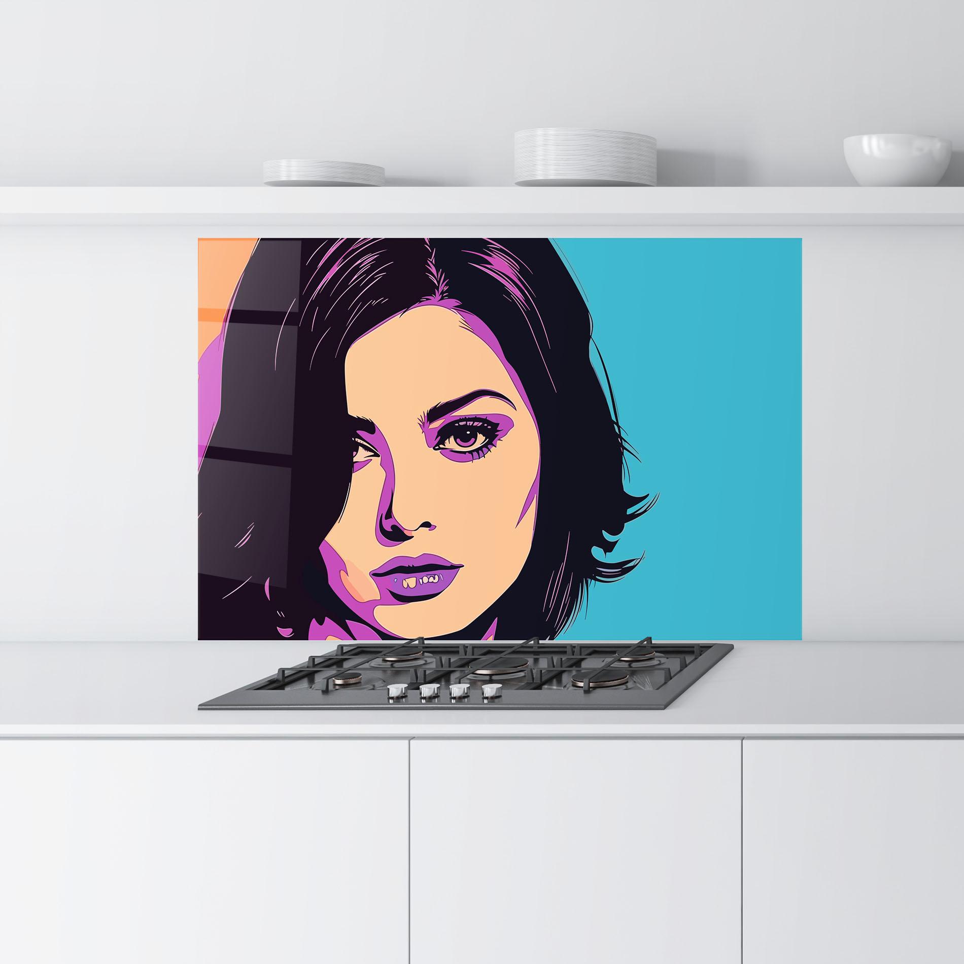 Küchenrückwand Glas Pop Purple Woman mockup 9