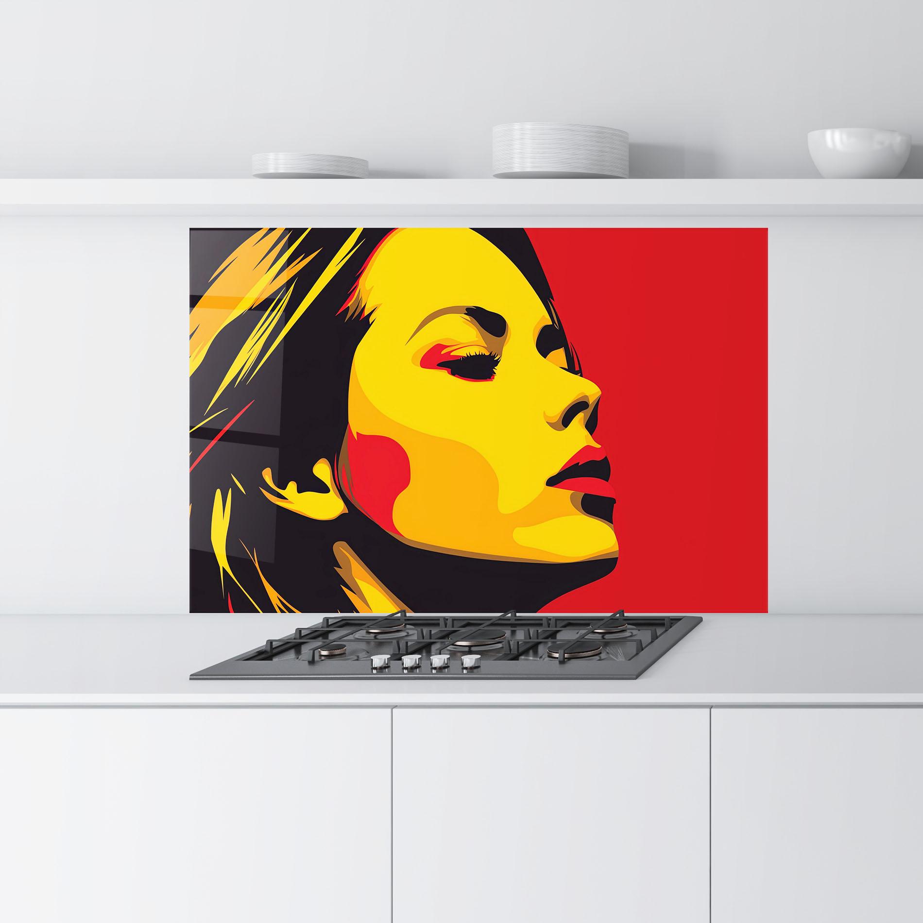Küchenrückwand Glas Pop Red Yellow Girl mockup 9
