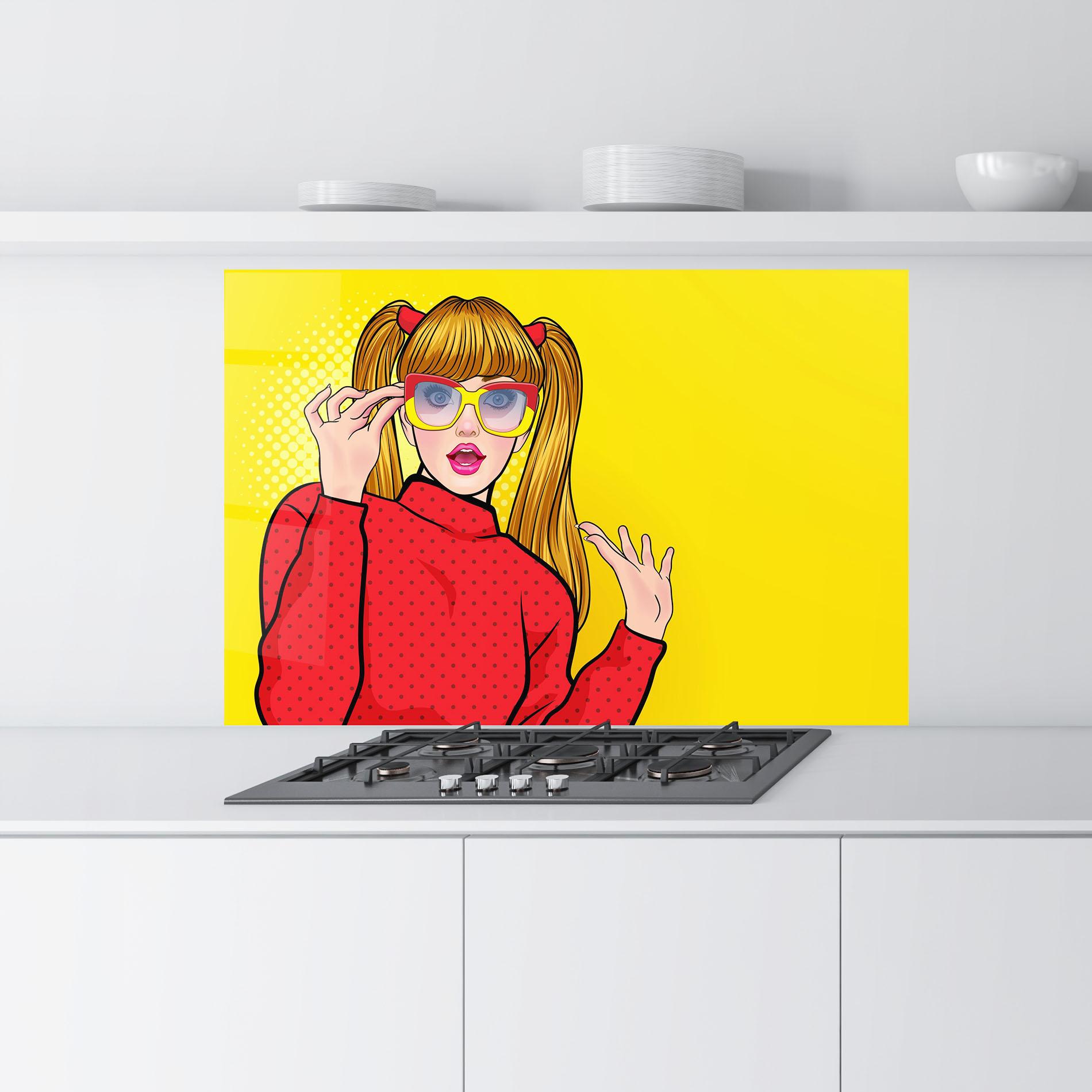 Küchenrückwand Glas Pop Woman Surprised mockup 9