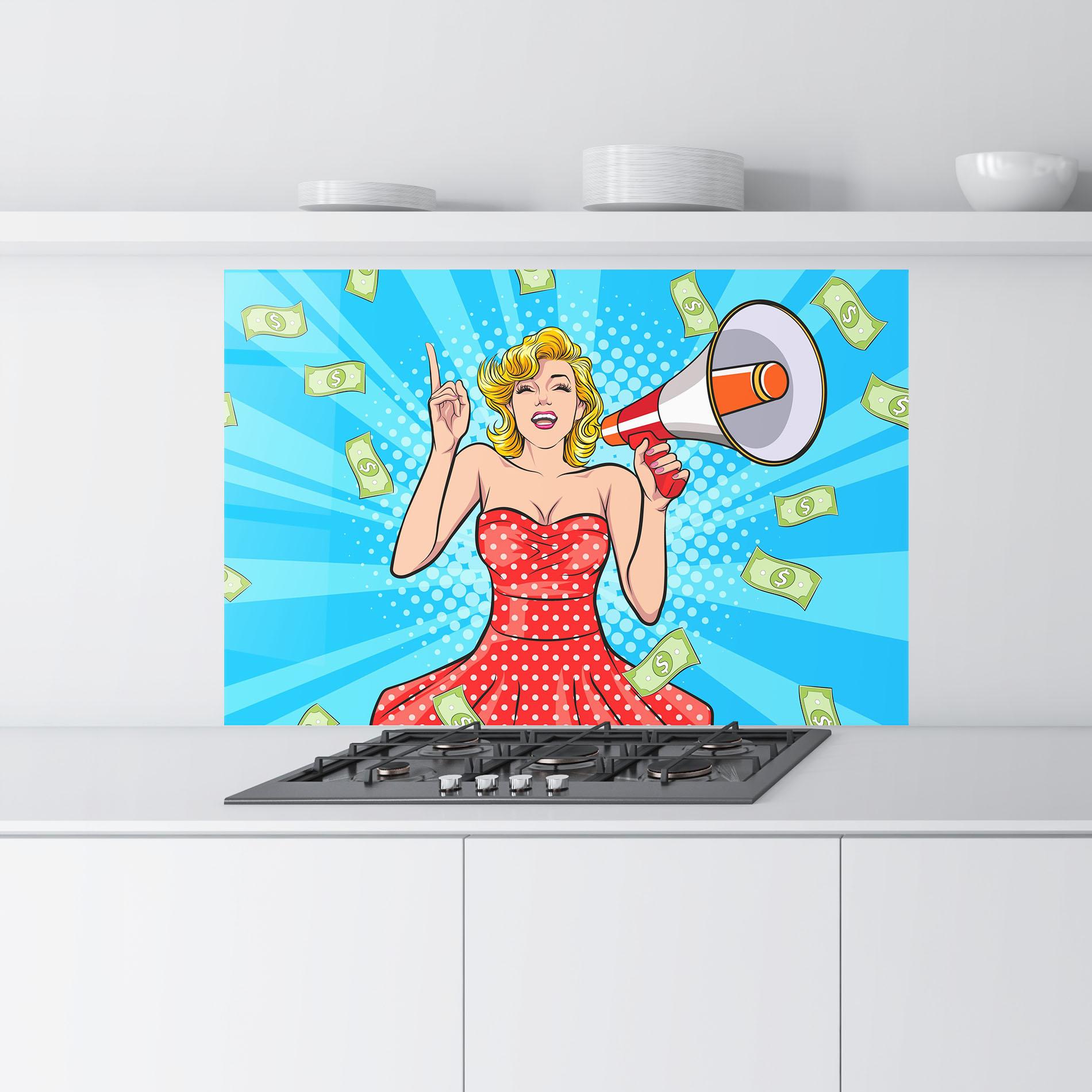 Küchenrückwand Glas Woman Pop Money mockup 9