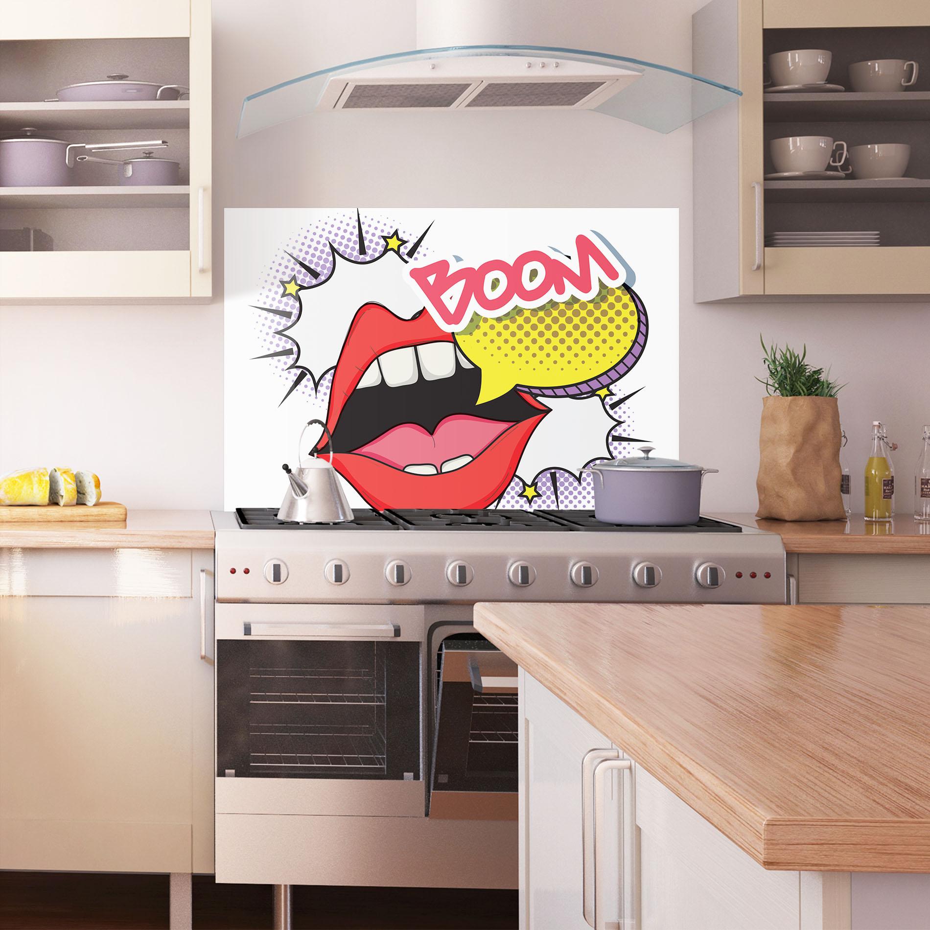 Küchenrückwand Glas Boom Pop Art mockup 1