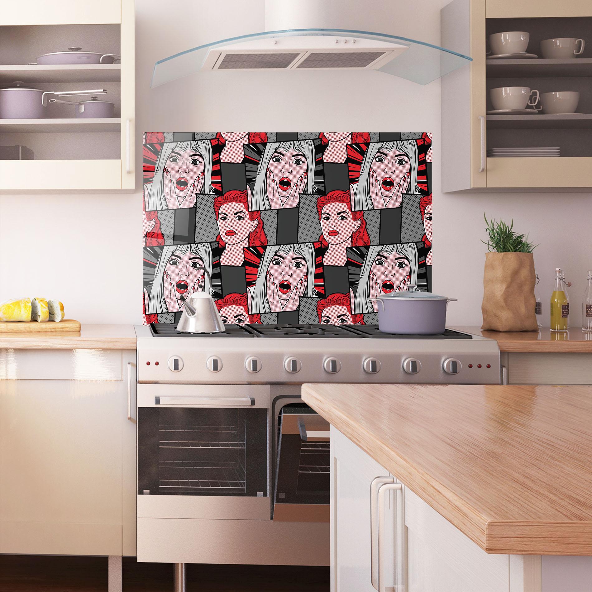 Küchenrückwand Glas Grey Red Pop Art mockup 1