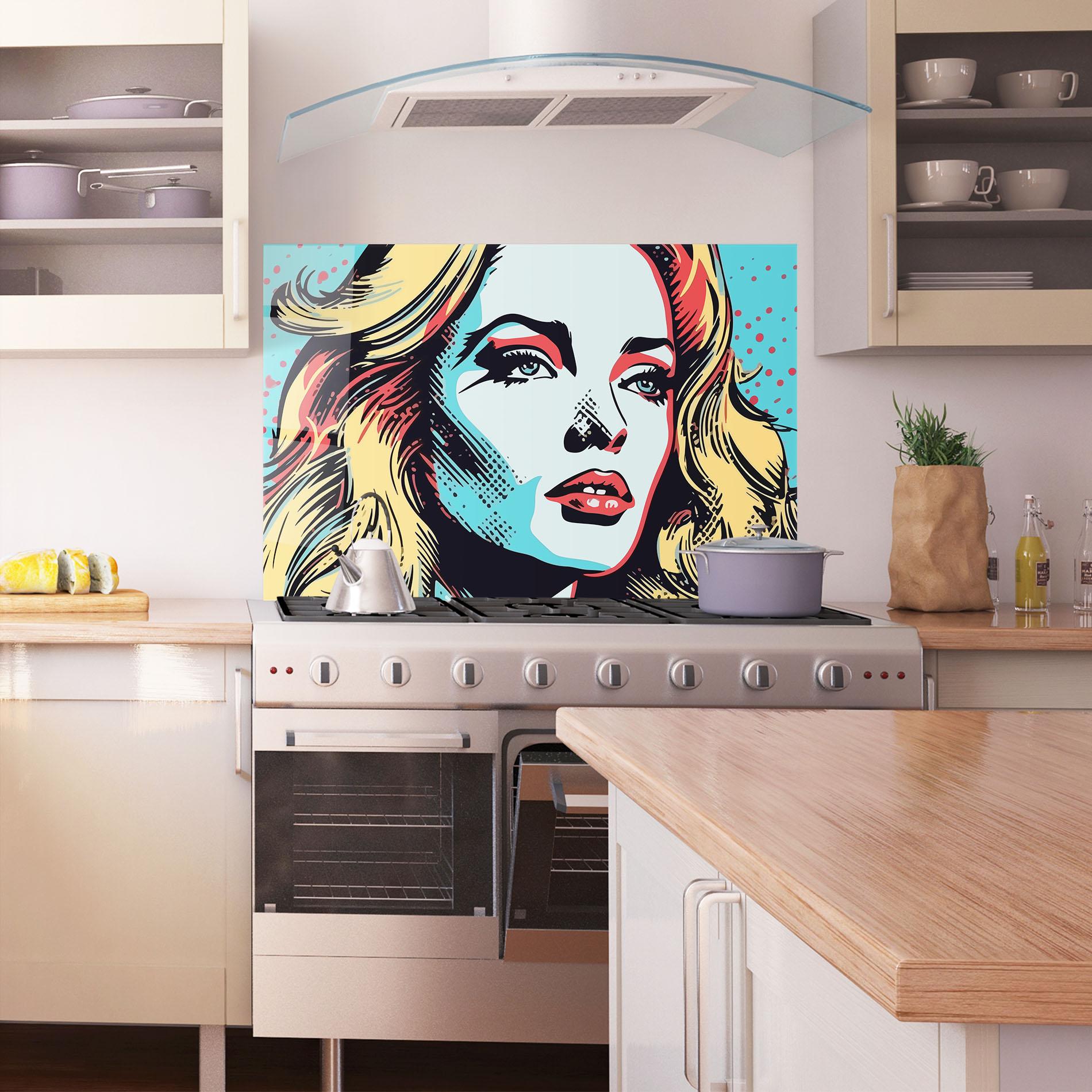 Küchenrückwand Glas Pop Art Lady mockup 1