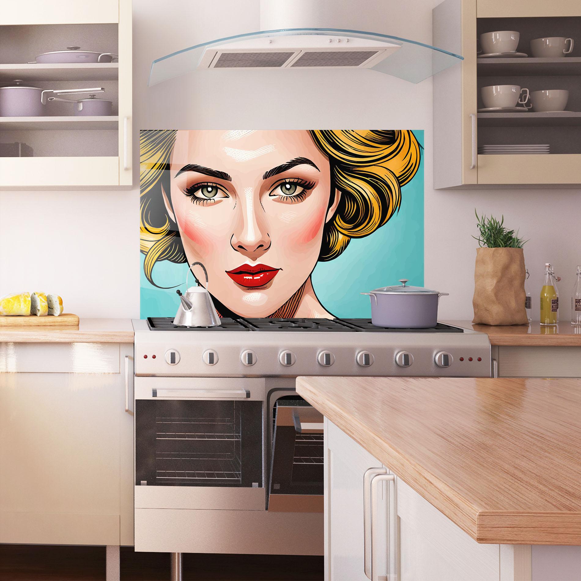 Küchenrückwand Glas Pop Blonde Lady mockup 1