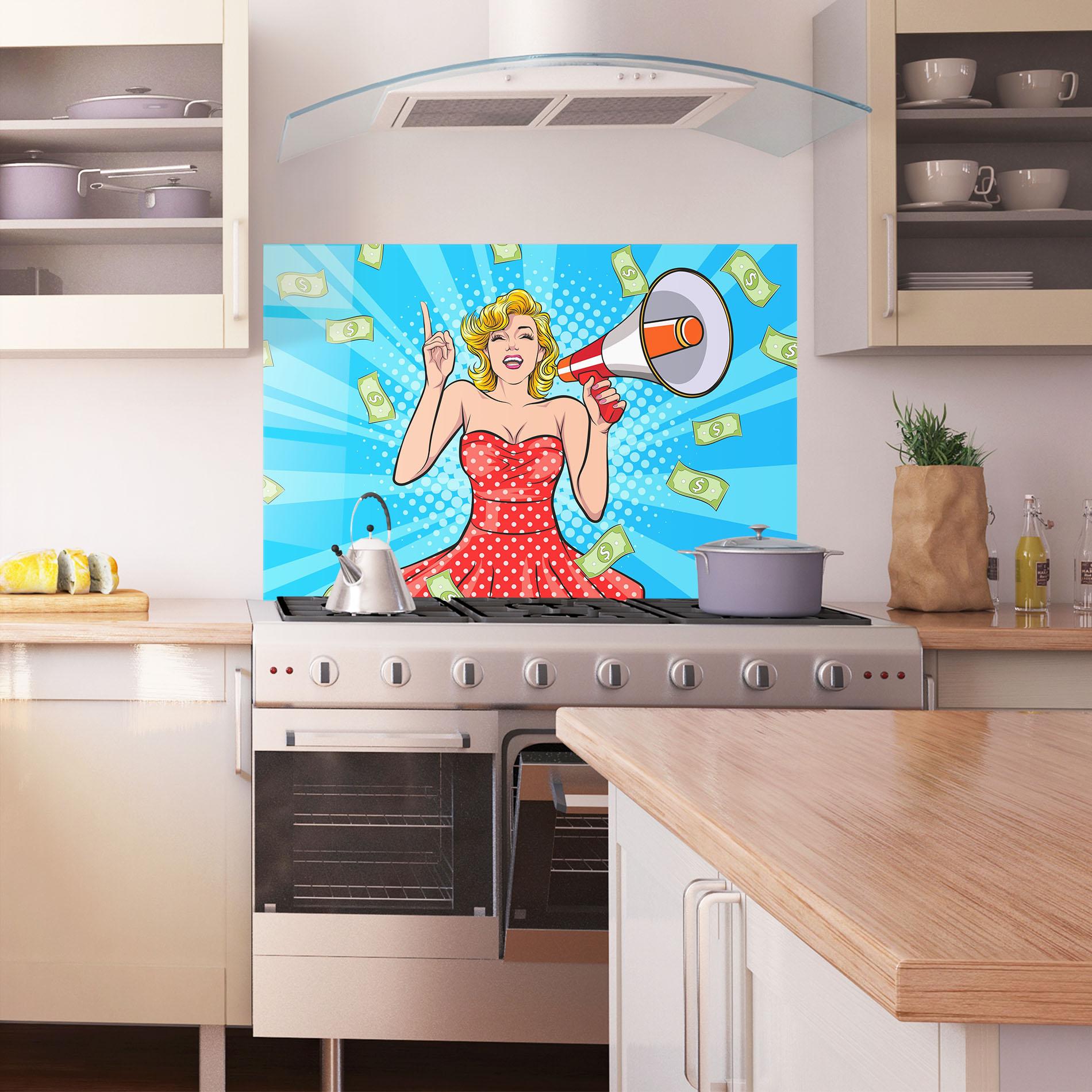 Küchenrückwand Glas Woman Pop Money mockup 1