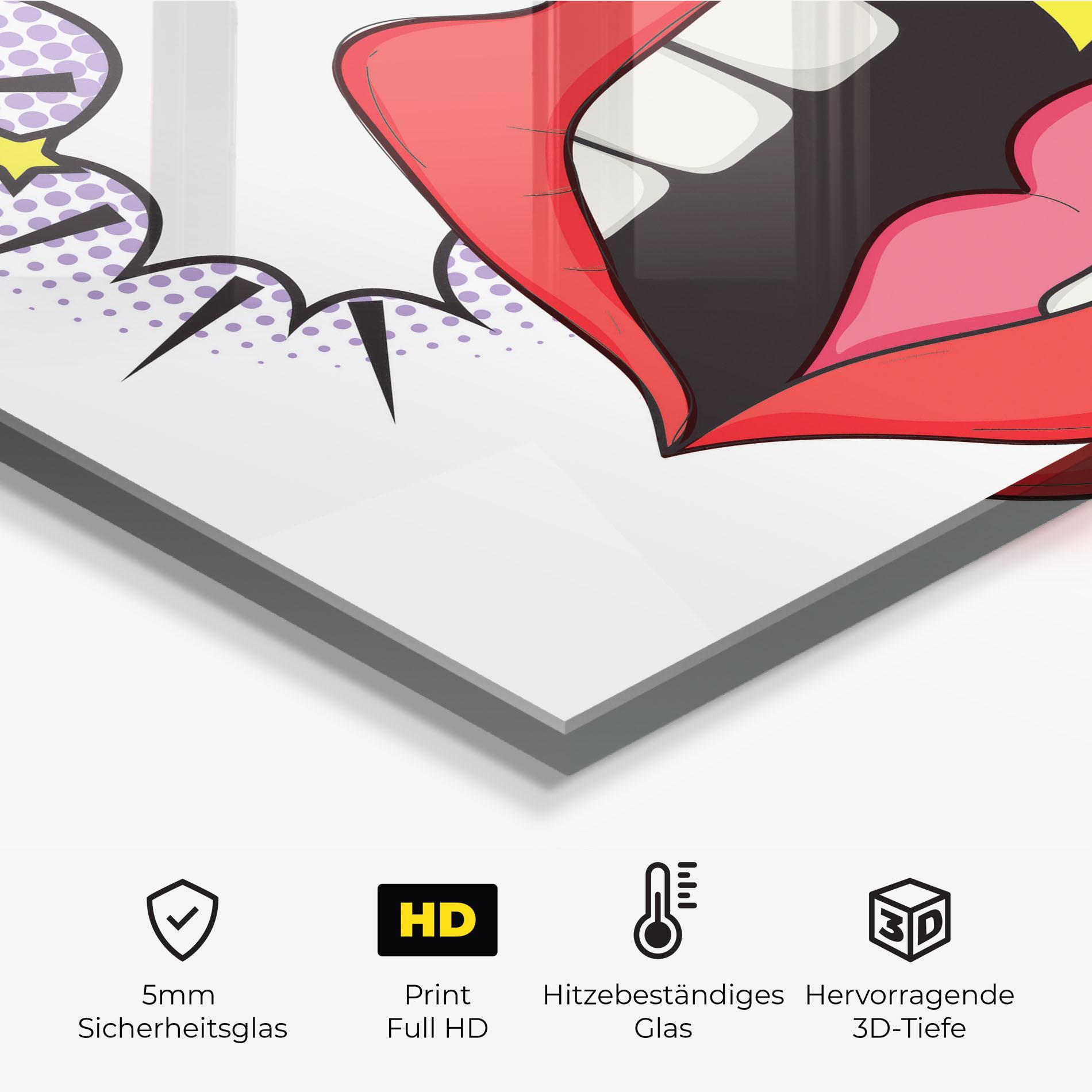 Küchenrückwand Glas Boom Pop Art mockup 2