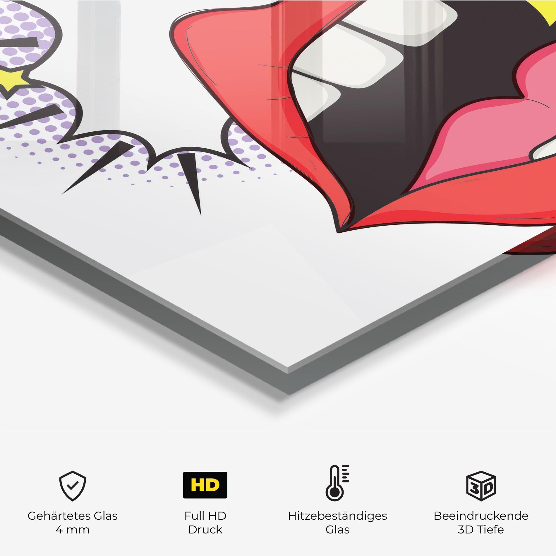 Küchenrückwand Glas Boom Pop Art mockup 2