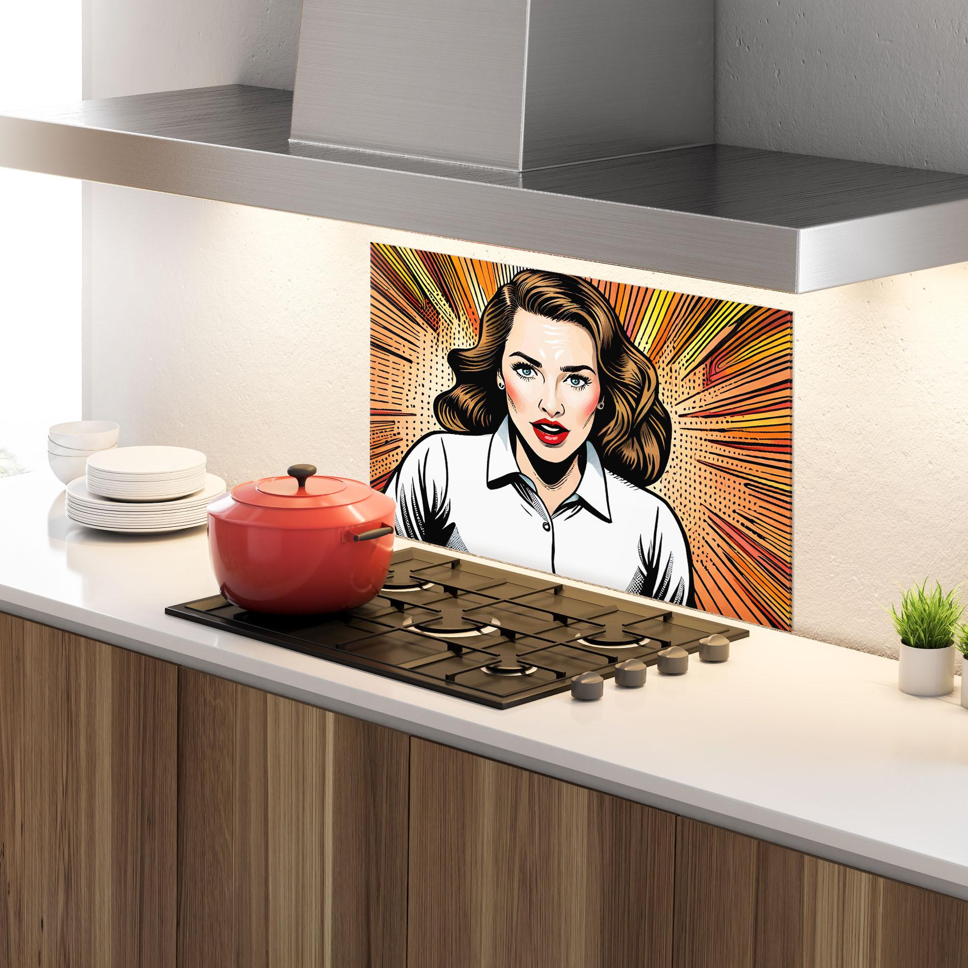 Küchenrückwand Glas Blue Eye Pop Art mockup 4