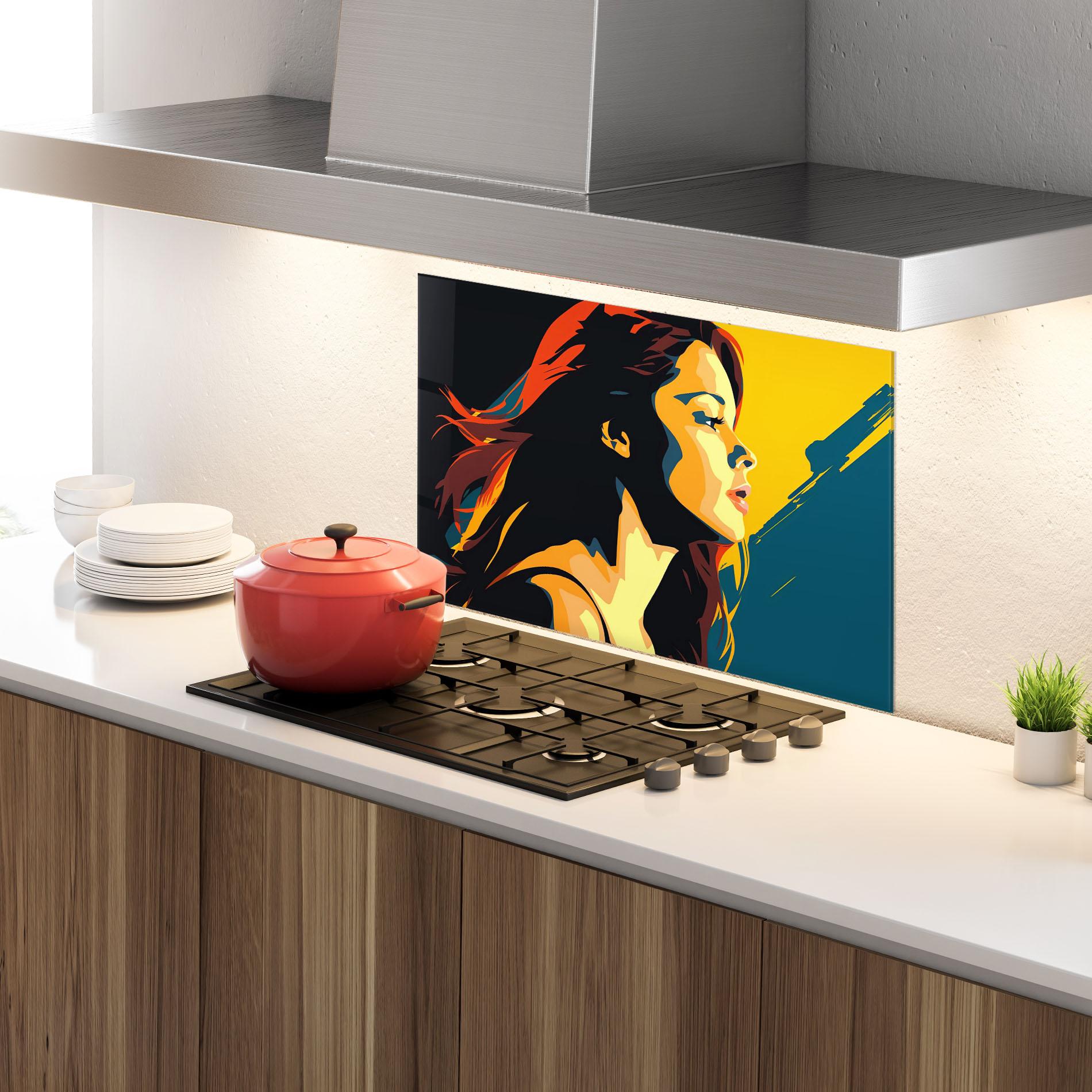 Küchenrückwand Glas Blue Yellow Pop Art mockup 4
