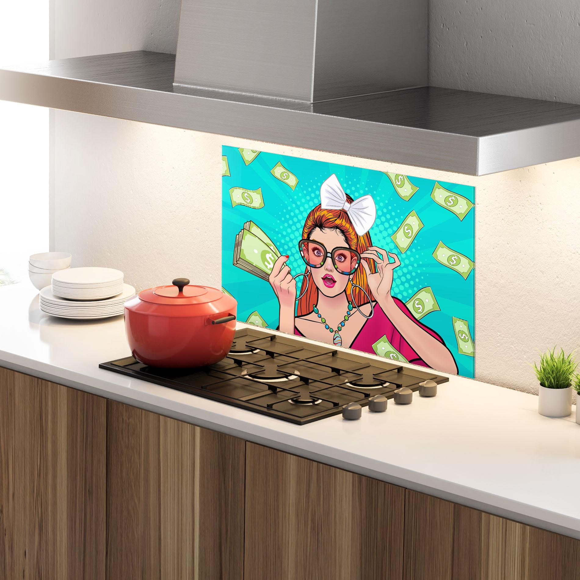 Küchenrückwand Glas Money Pop Art mockup 4