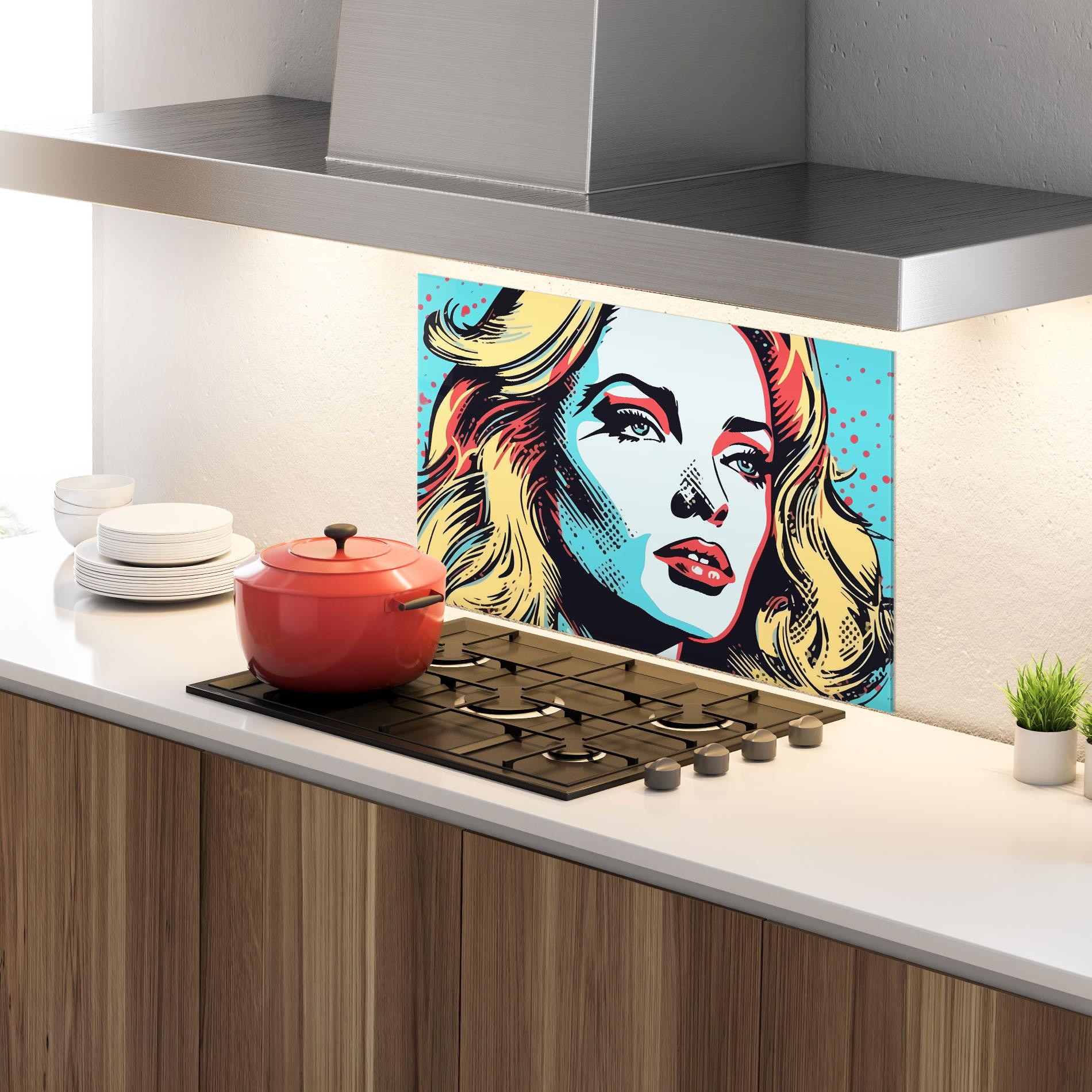Küchenrückwand Glas Pop Art Lady mockup 4