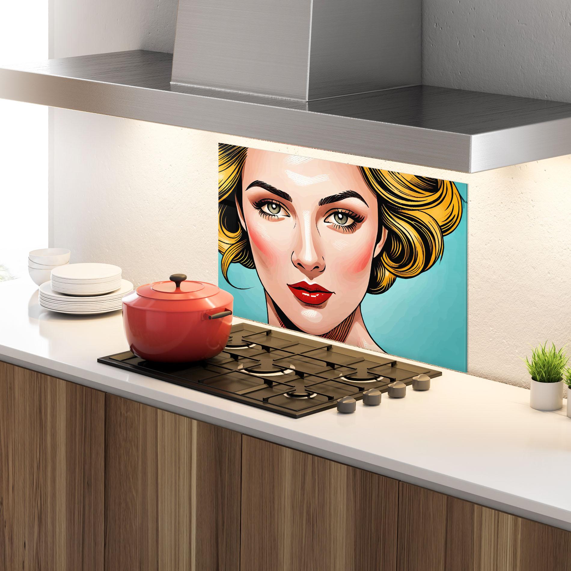 Küchenrückwand Glas Pop Blonde Lady mockup 4