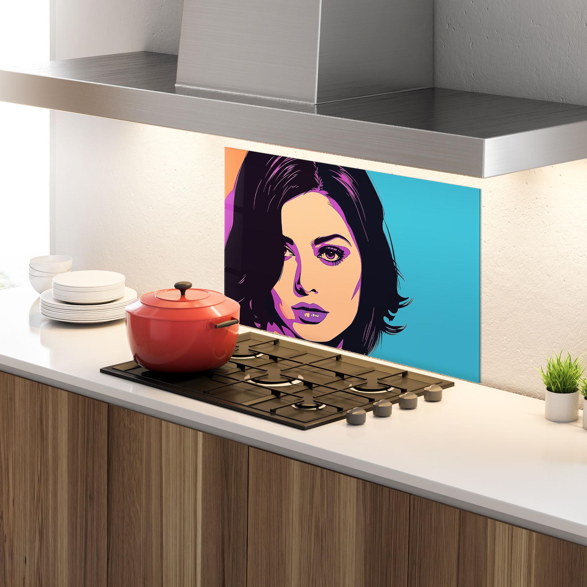 Küchenrückwand Glas Pop Purple Woman mockup 4