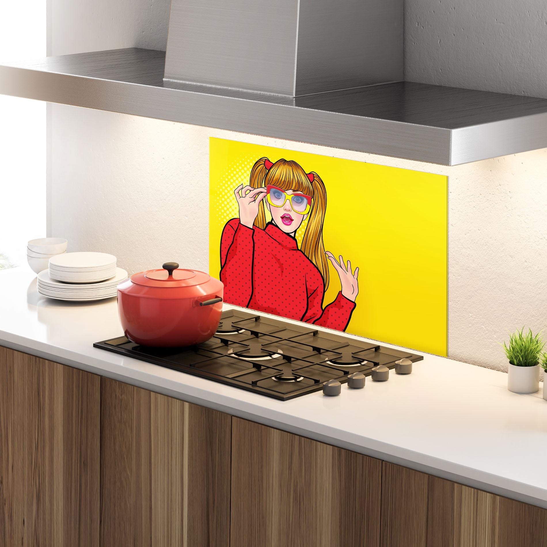 Küchenrückwand Glas Pop Woman Surprised mockup 4