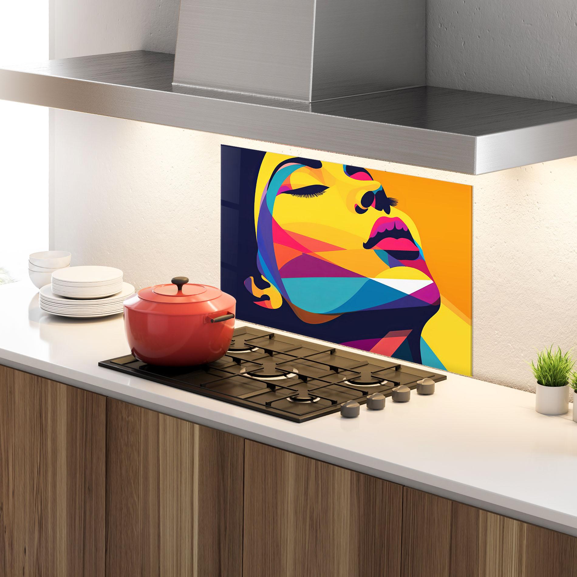 Küchenrückwand Glas Yellow Pop Face mockup 4