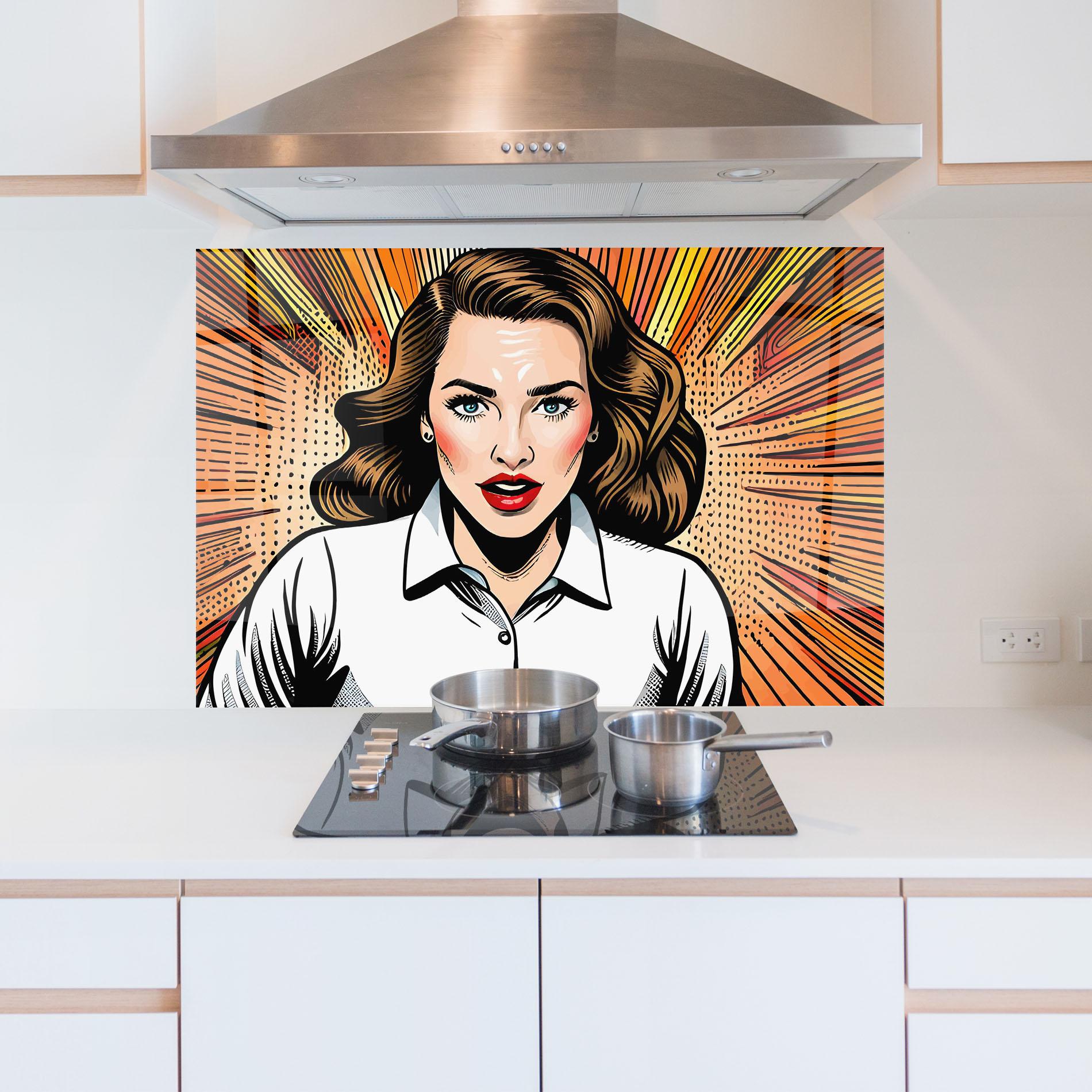 Küchenrückwand Glas Blue Eye Pop Art mockup 5