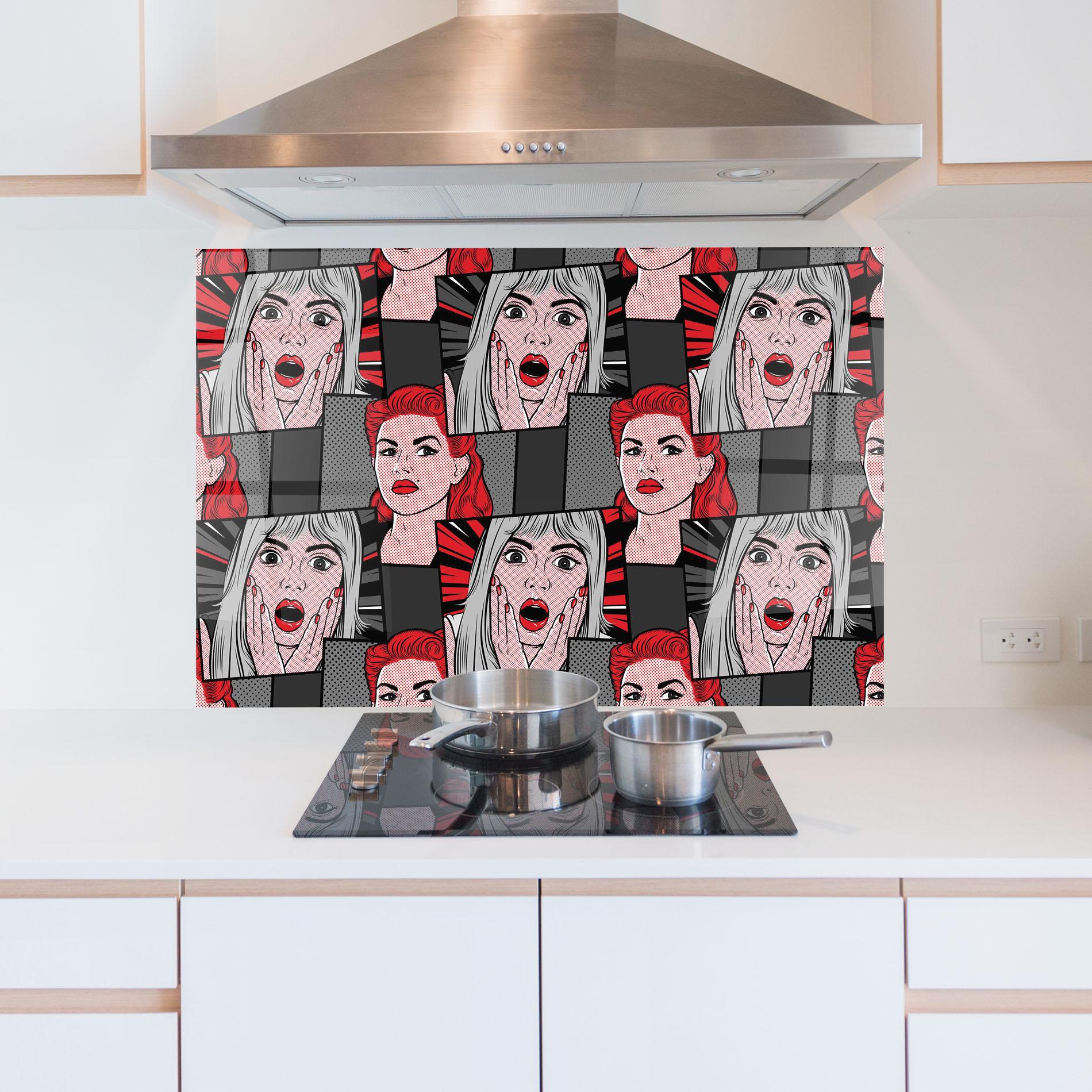 Küchenrückwand Glas Grey Red Pop Art mockup 5