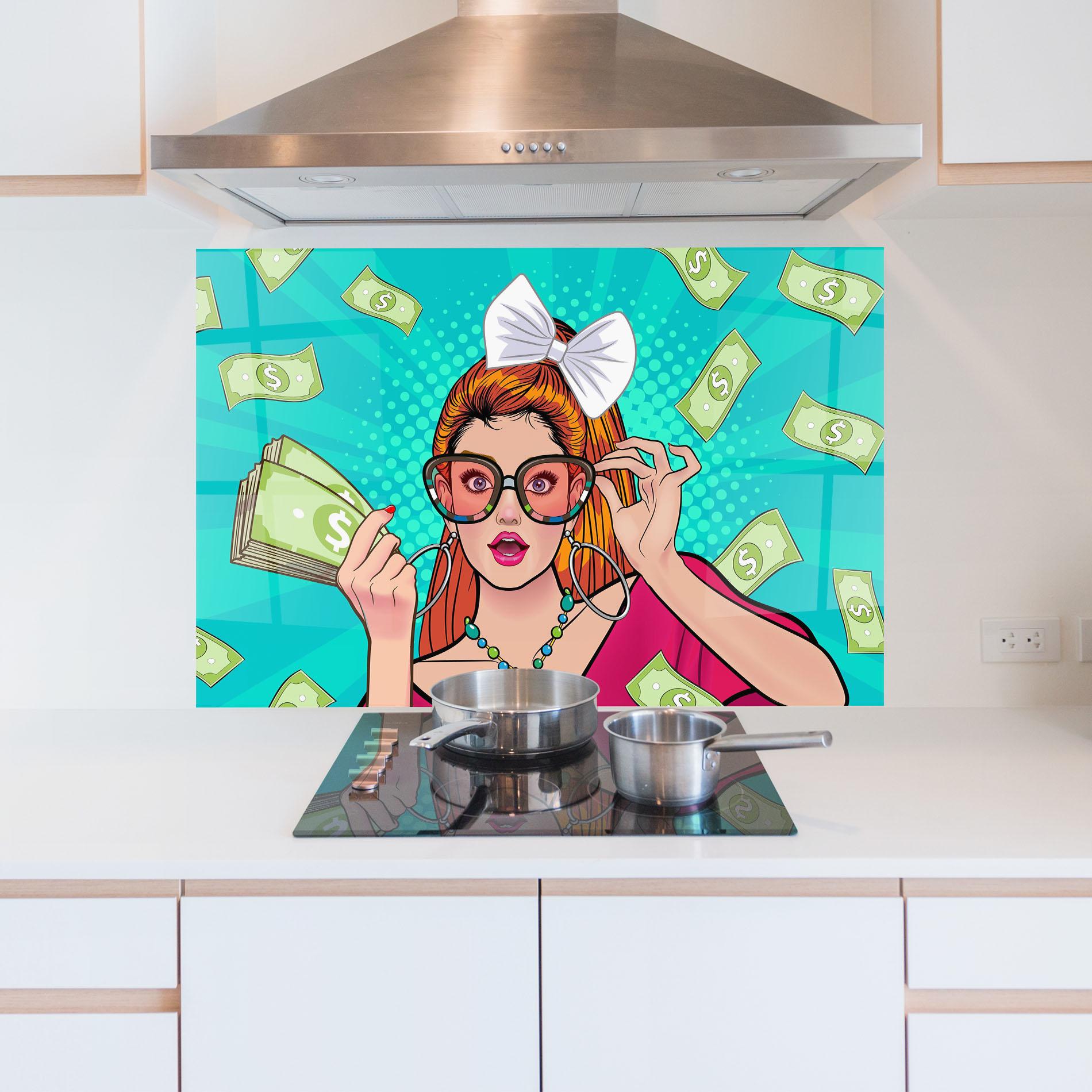 Küchenrückwand Glas Money Pop Art mockup 5