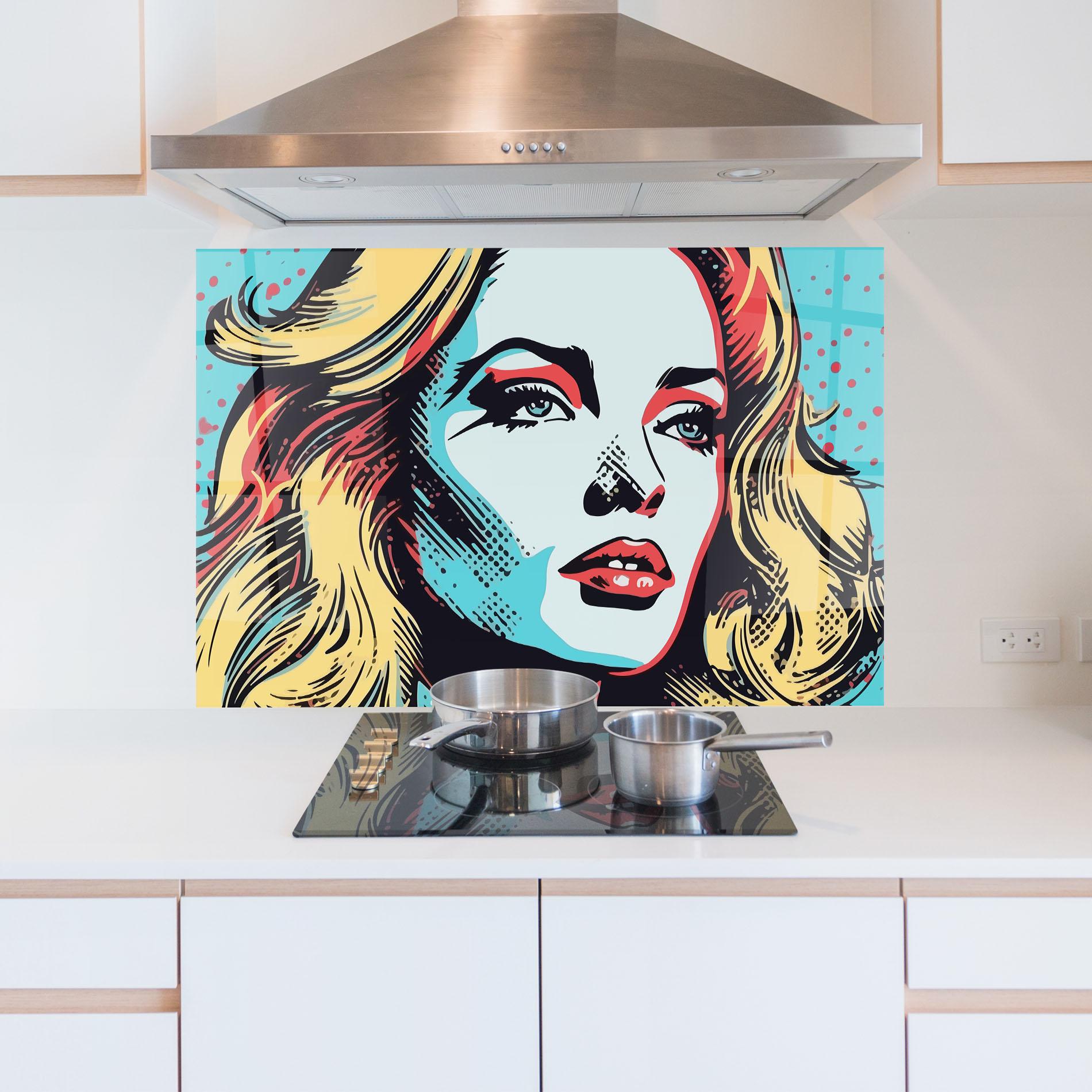 Küchenrückwand Glas Pop Art Lady mockup 5