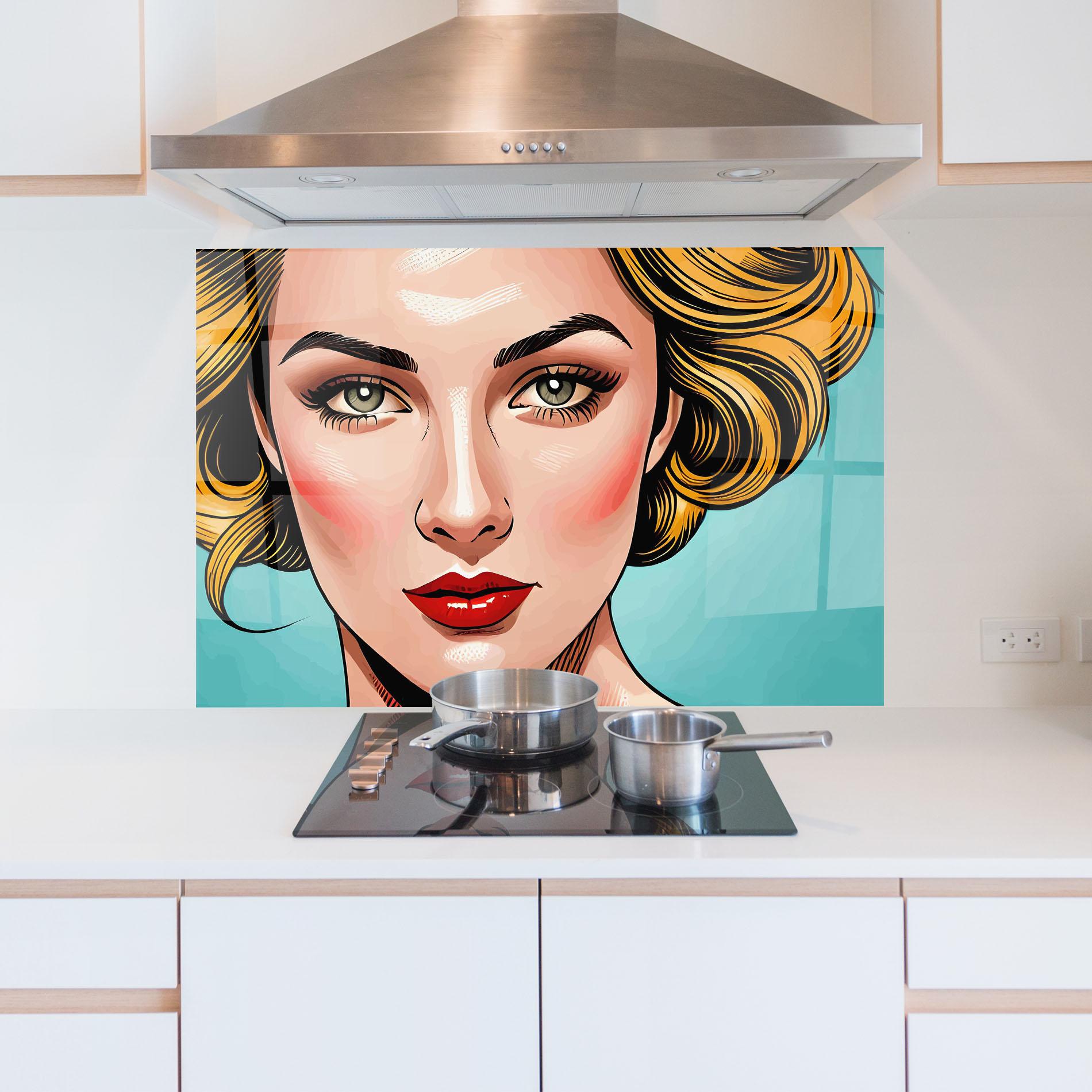 Küchenrückwand Glas Pop Blonde Lady mockup 5