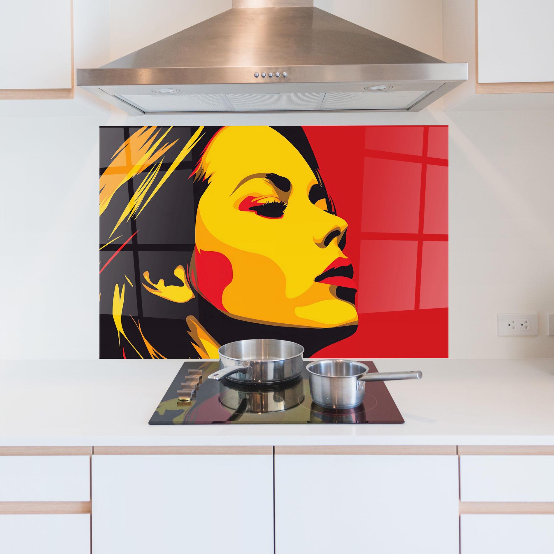 Küchenrückwand Glas Pop Red Yellow Girl mockup 5