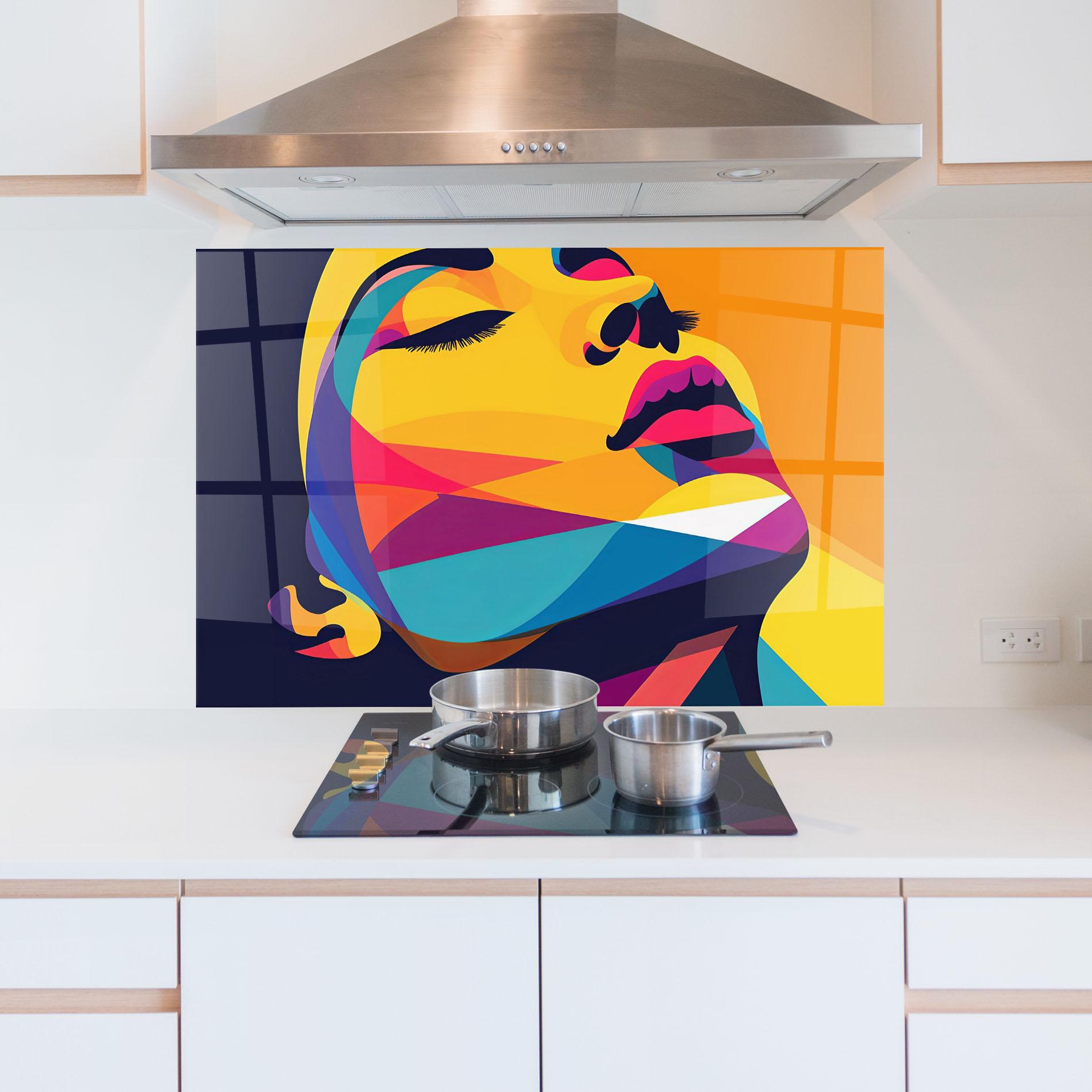 Küchenrückwand Glas Yellow Pop Face mockup 5