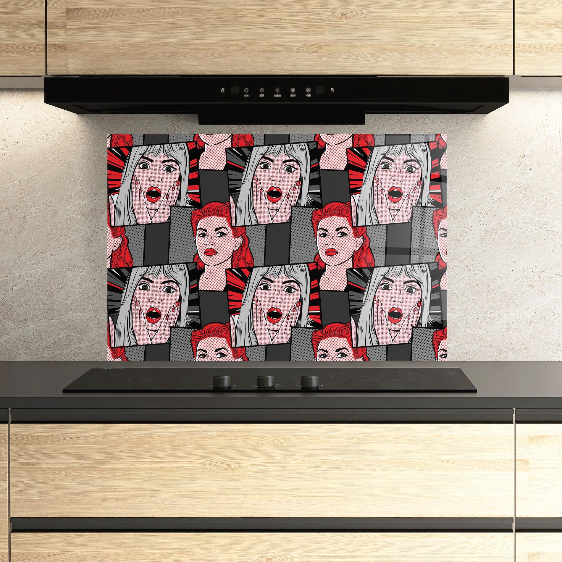 Küchenrückwand Glas Grey Red Pop Art mockup 3