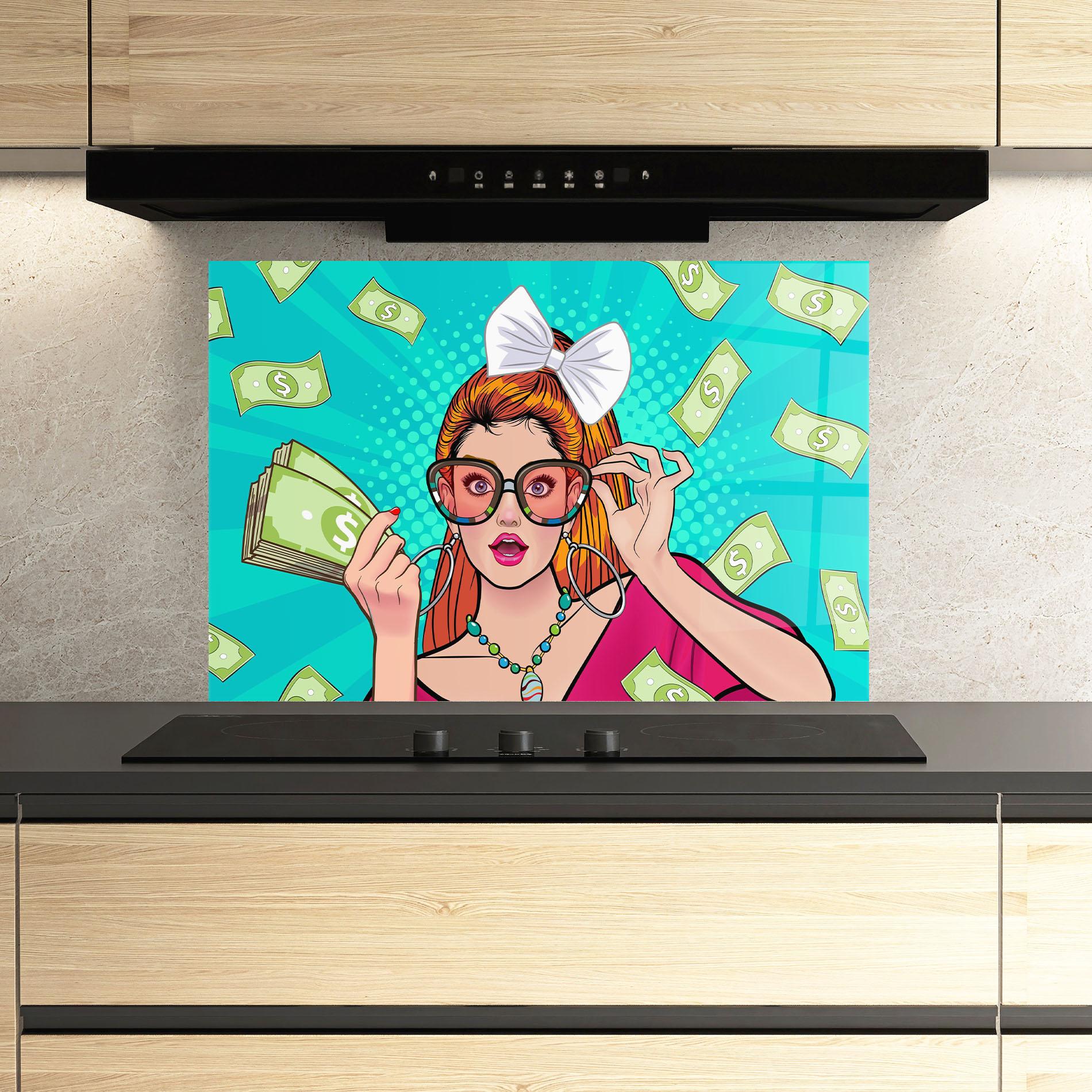 Küchenrückwand Glas Money Pop Art mockup 3