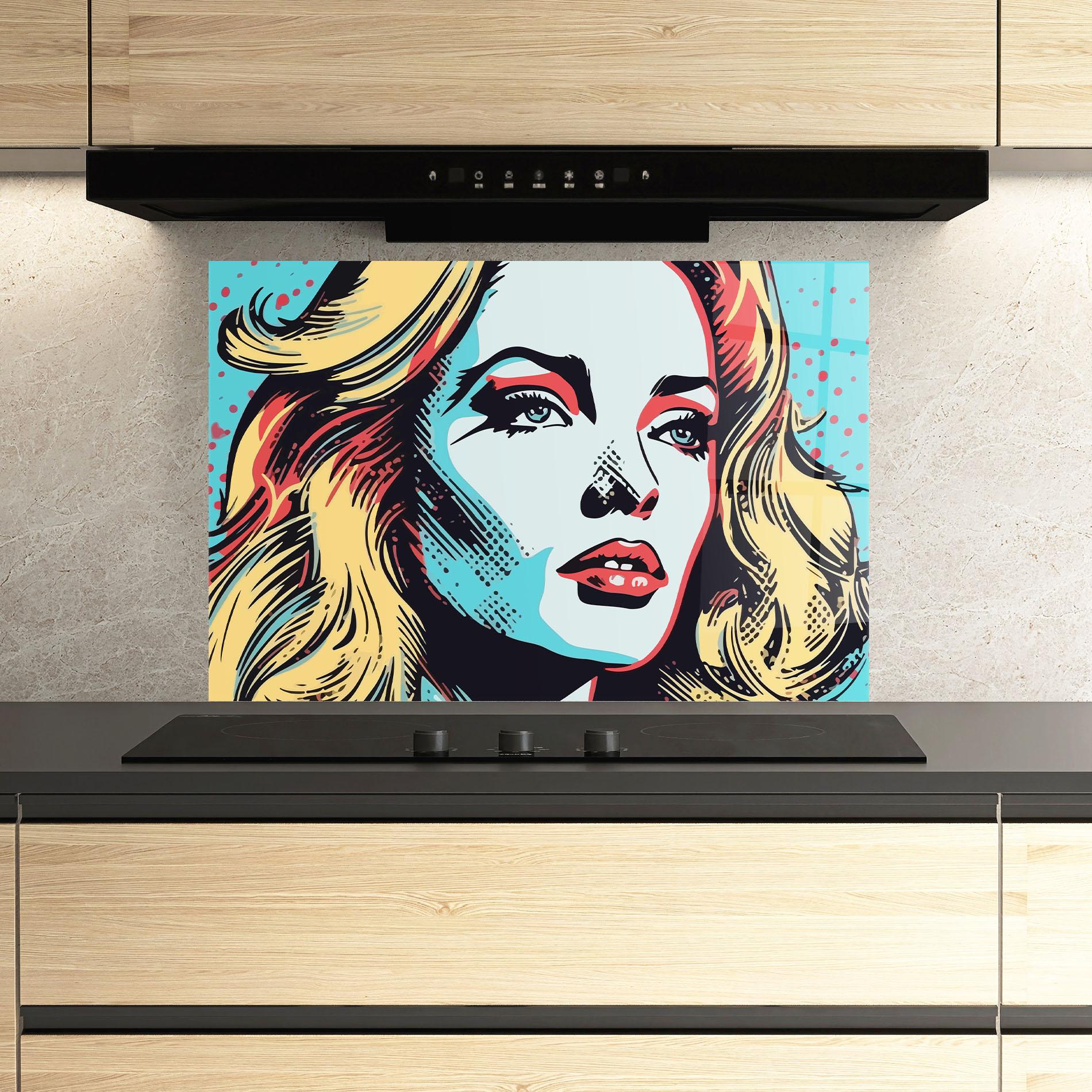 Küchenrückwand Glas Pop Art Lady mockup 3