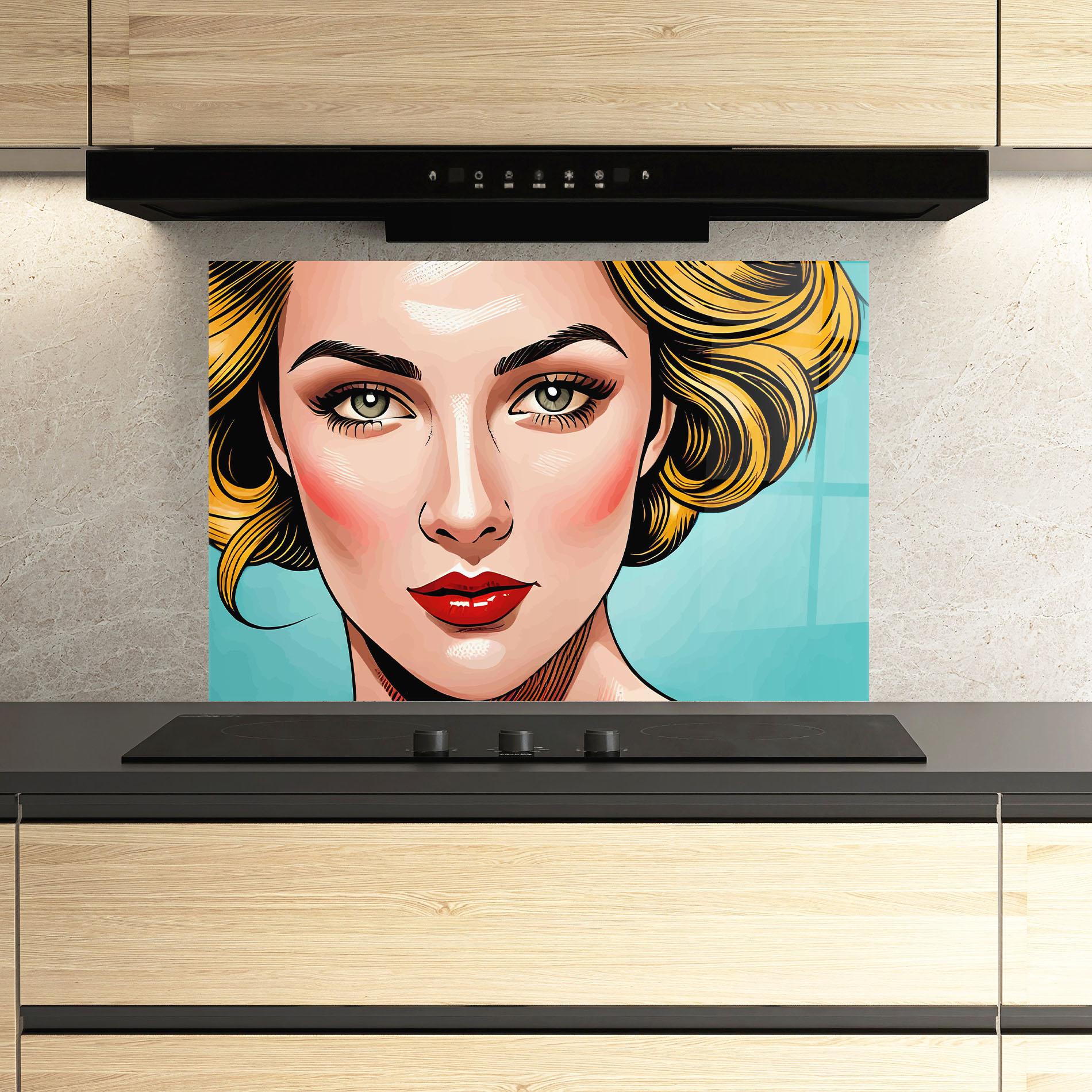 Küchenrückwand Glas Pop Blonde Lady mockup 3