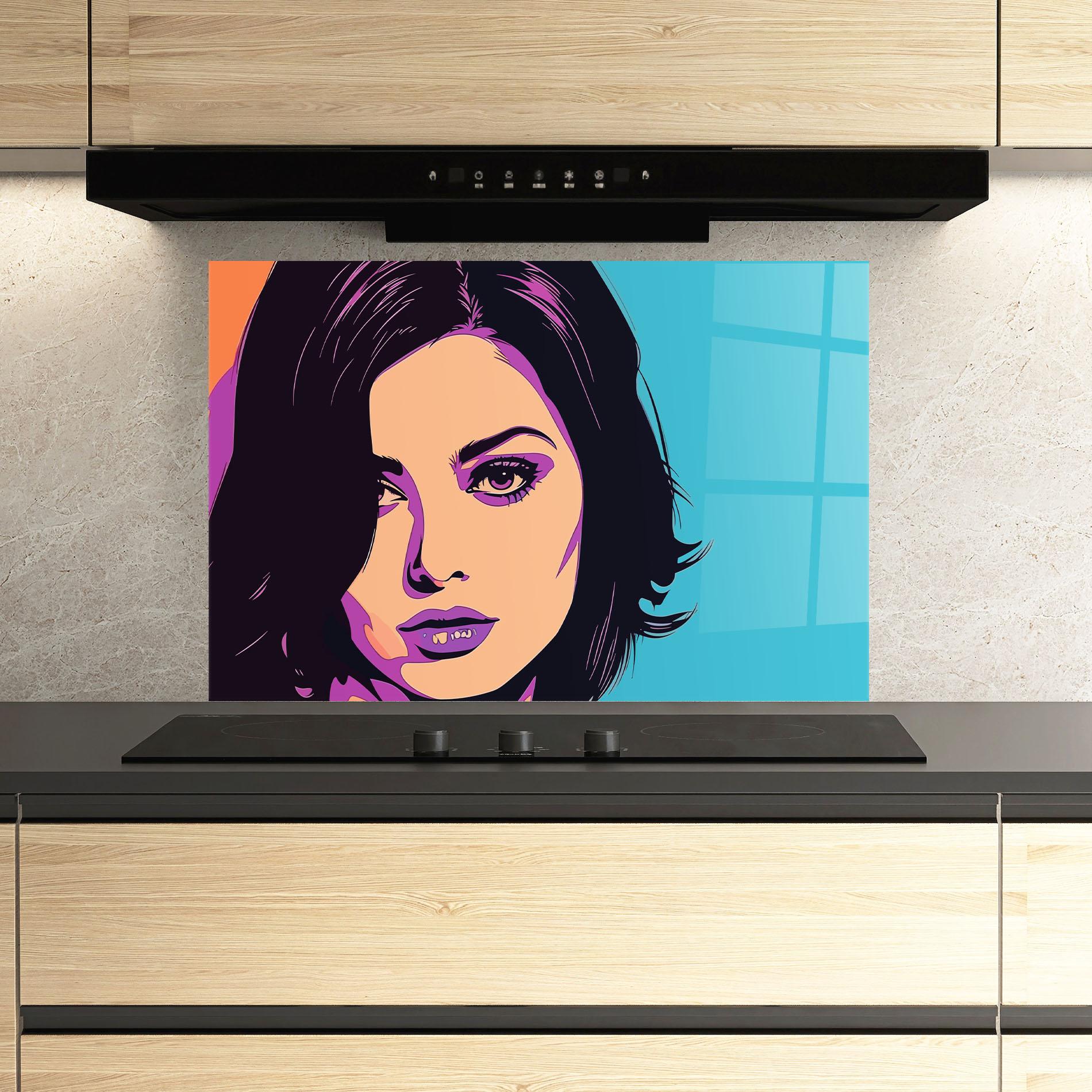 Küchenrückwand Glas Pop Purple Woman mockup 3