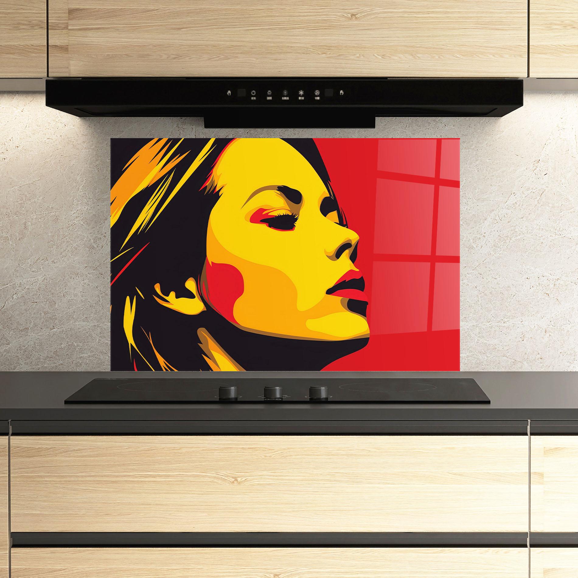 Küchenrückwand Glas Pop Red Yellow Girl mockup 3