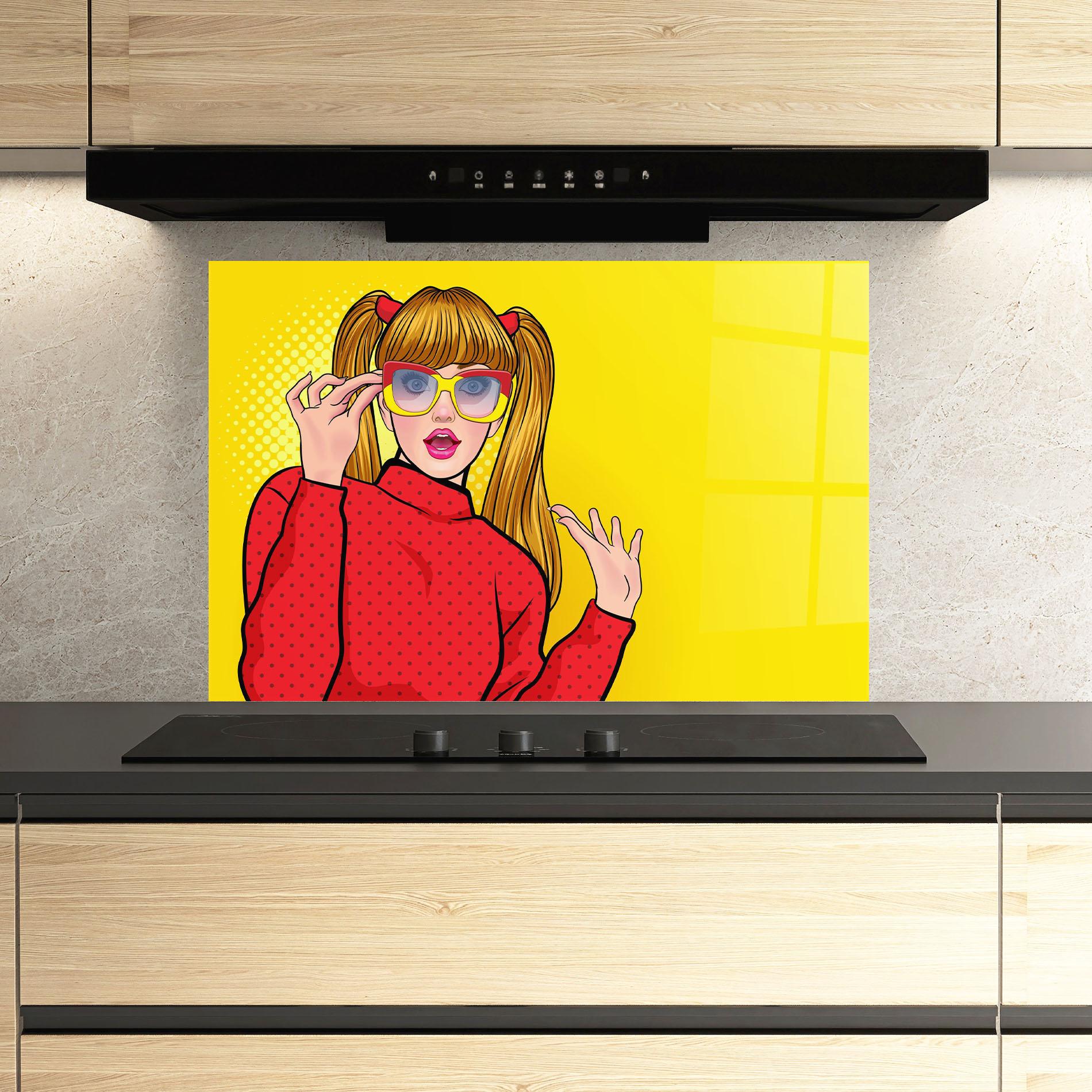 Küchenrückwand Glas Pop Woman Surprised mockup 3
