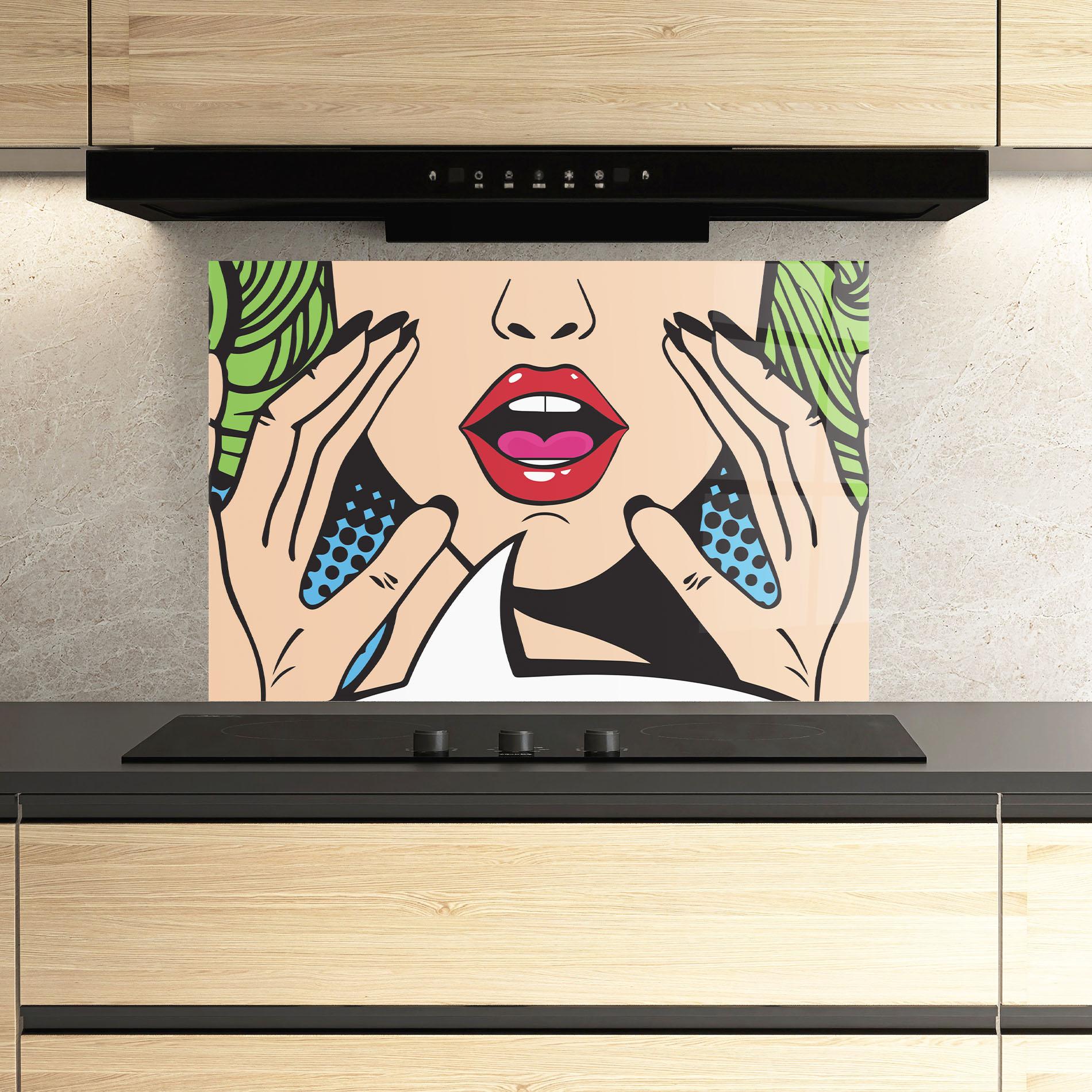 Küchenrückwand Glas Speaking Pop Art mockup 3