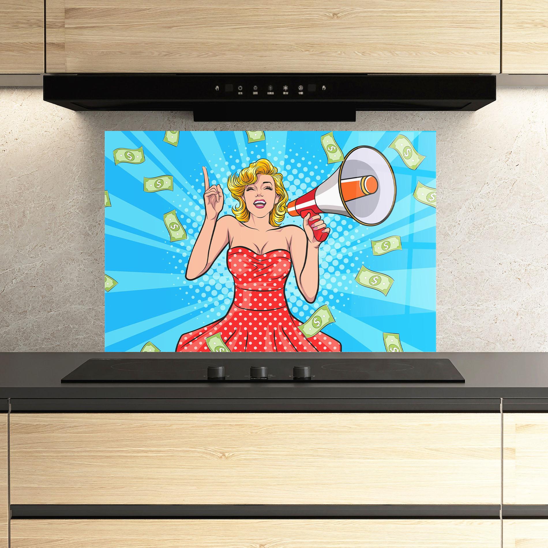 Küchenrückwand Glas Woman Pop Money mockup 3